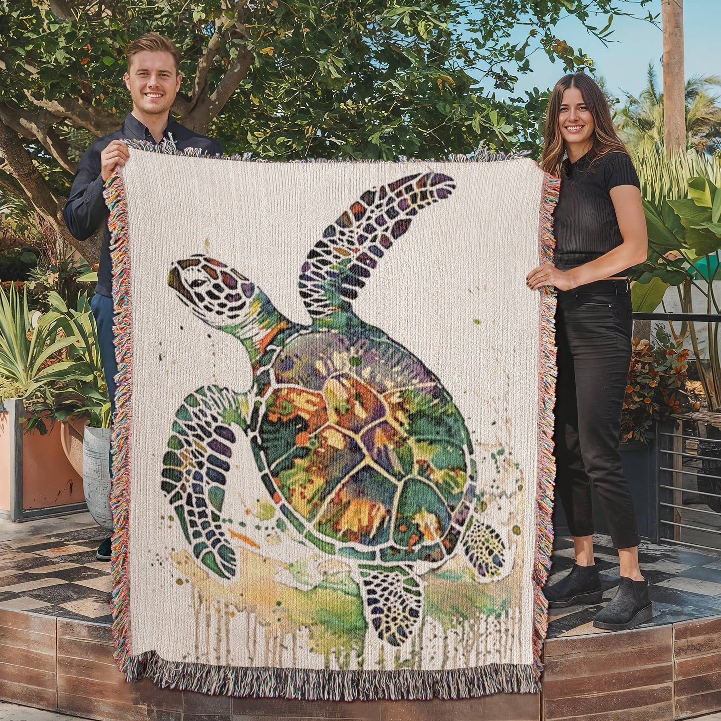 Coralwake Woven Blanket – Watercolor Sea Turtle in Motion