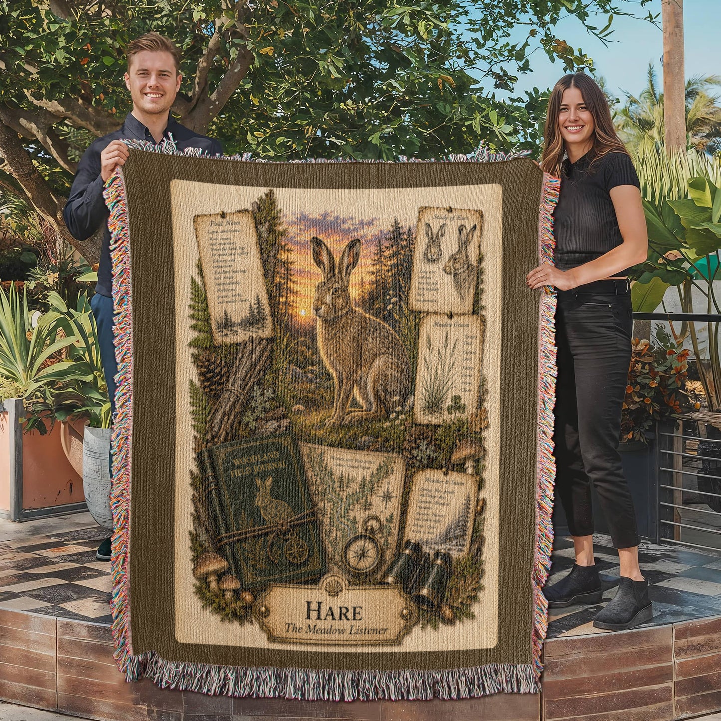 Hare Woven Throw Blanket | Woodland Animal Decor | Cotton Tapestry Throw | Naturalist Journal Gift