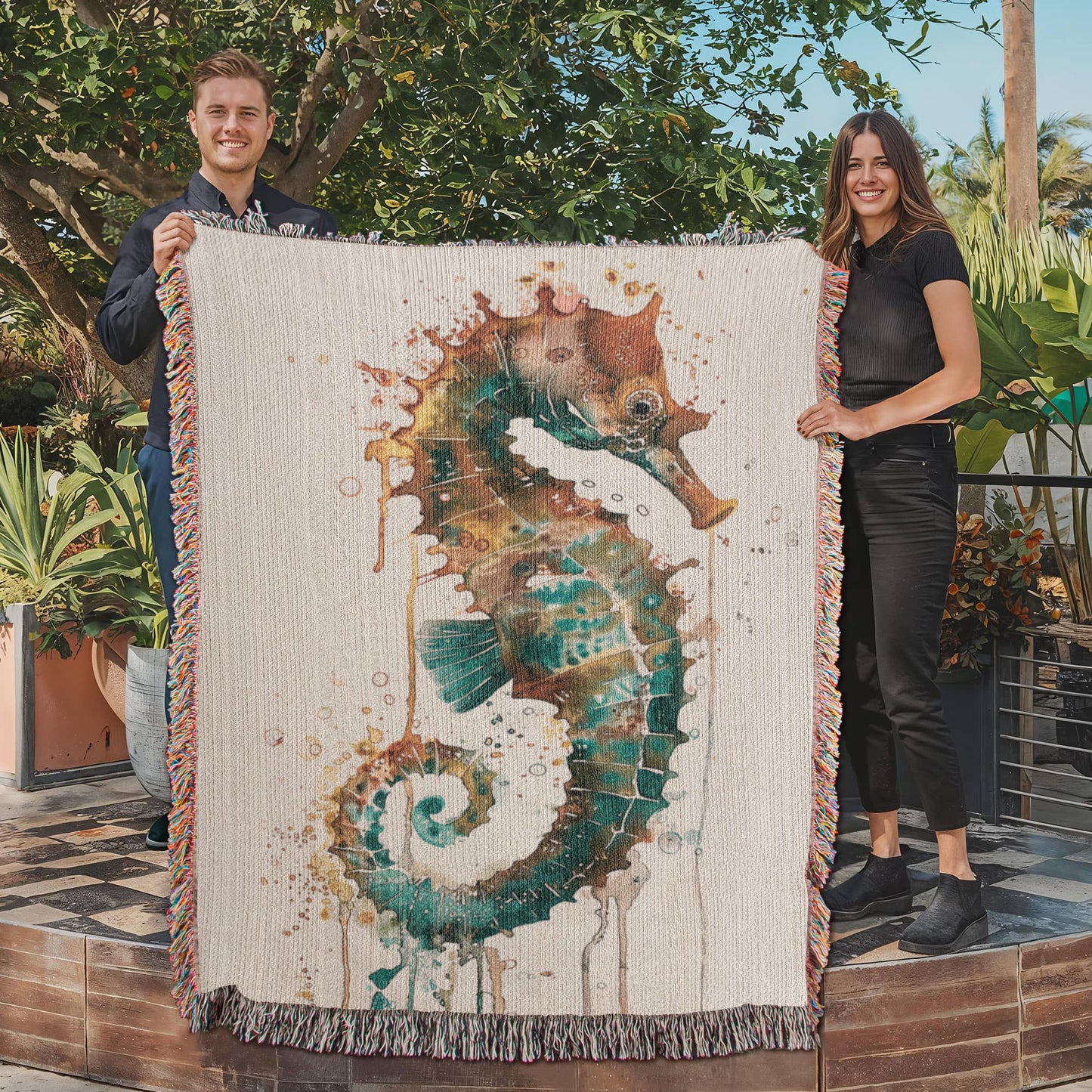 Cindertide Woven Blanket – Watercolor Seahorse with Drip Effect