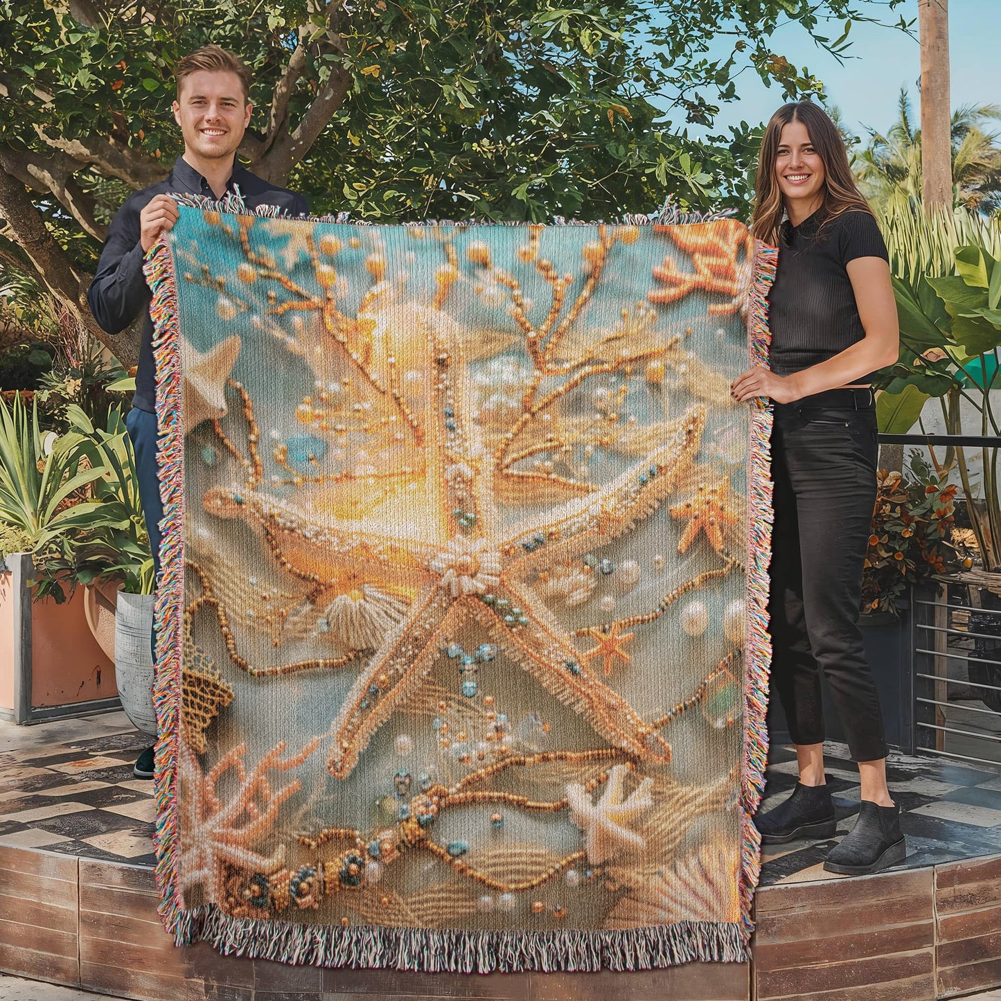 Beaded Look Starfish Blanket – Woven Coastal Fantasy Throw | Ocean-Inspired Decor by Lace & Grit