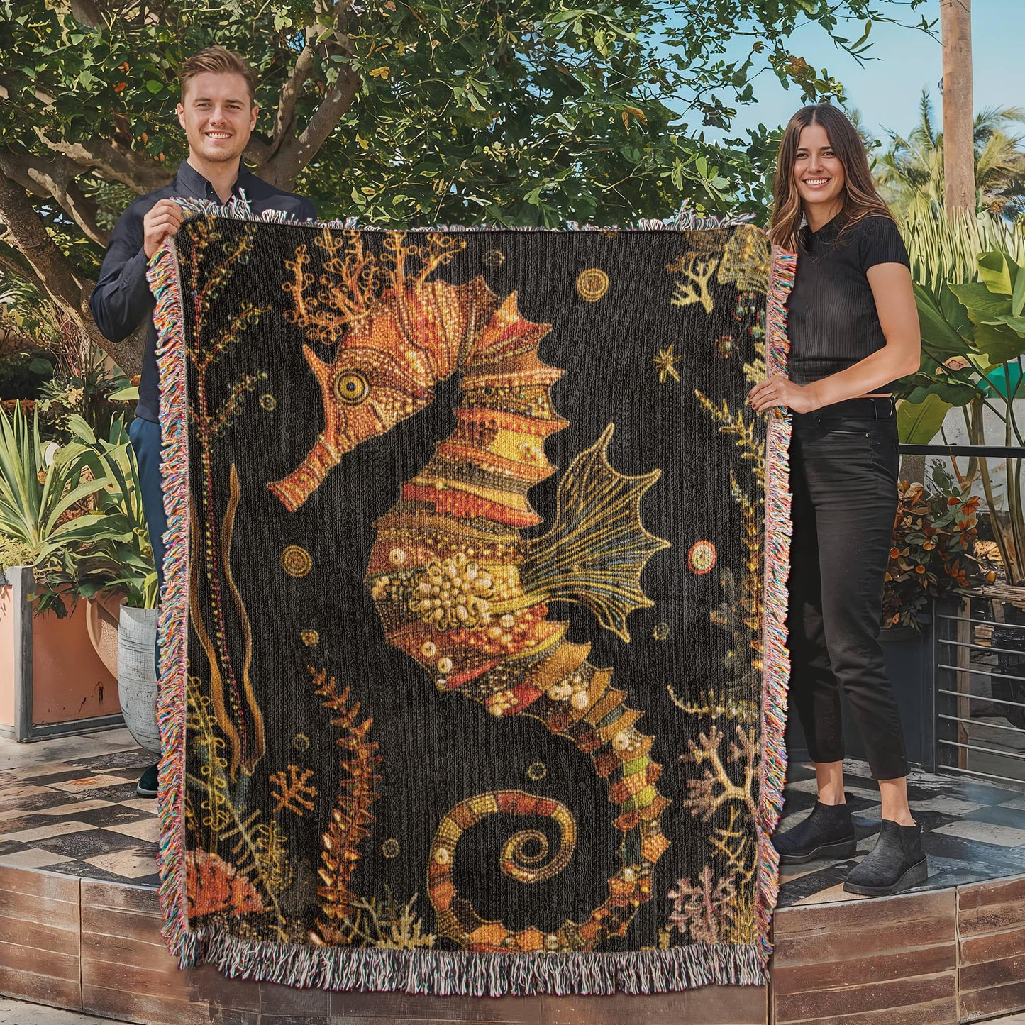Beaded Look Seahorse Blanket – Woven Ocean-Inspired Throw | Golden Coral Art by Lace & Grit