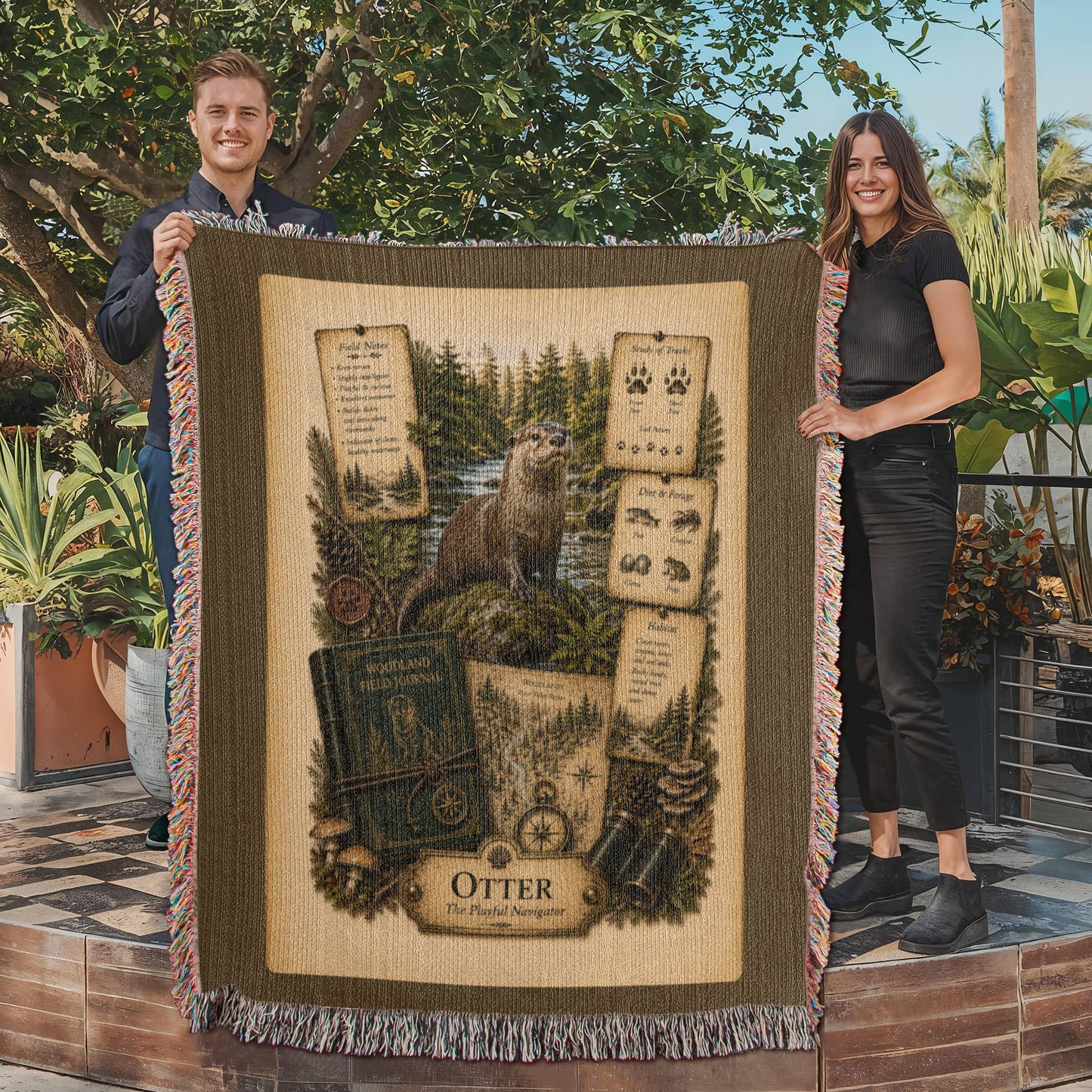 Otter Woven Throw Blanket | Woodland Animal Decor | Cotton Tapestry Throw | Naturalist Journal Gift