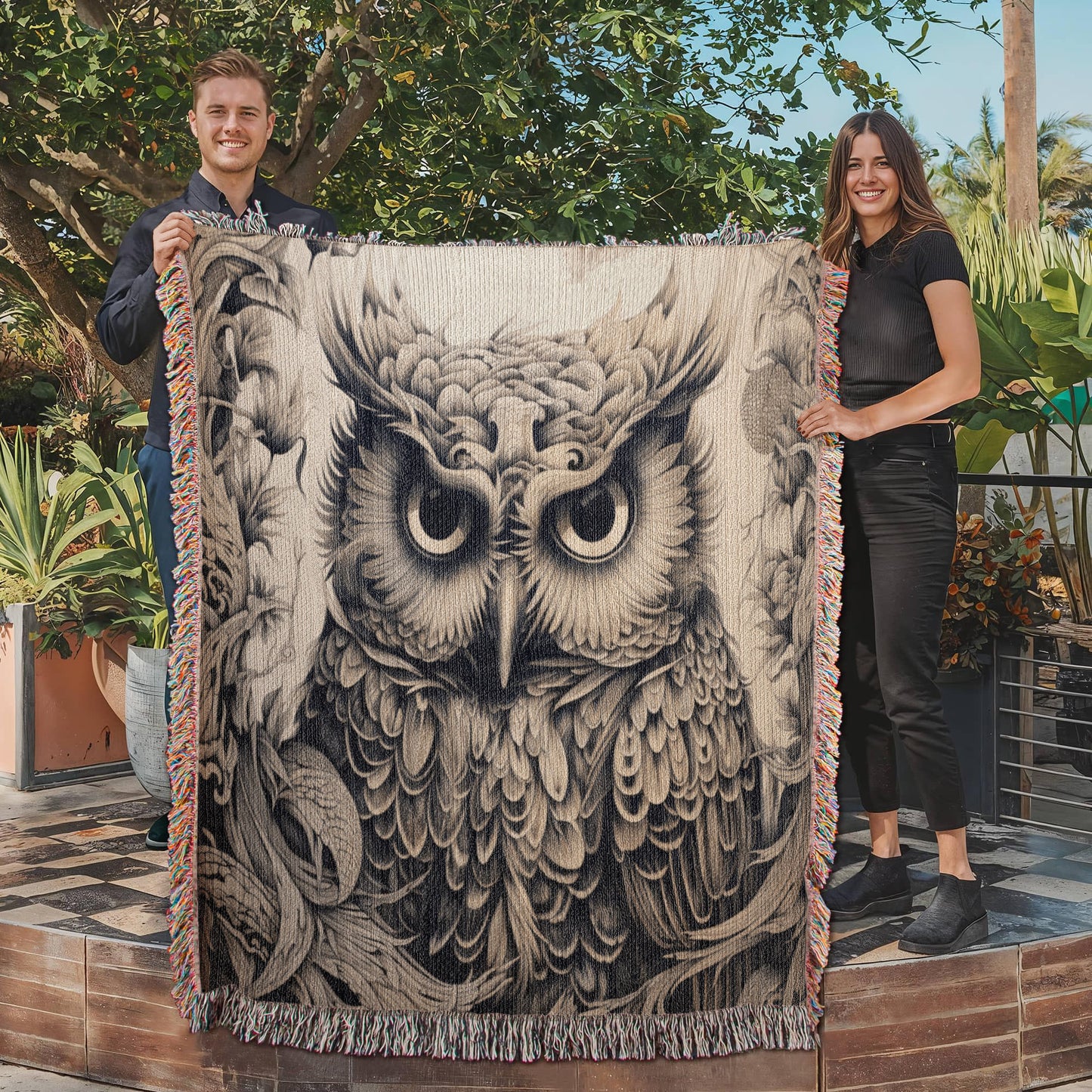 Mystical Owl Woven Blanket – Boho Wildlife Tapestry Throw | Intricate Nature-Inspired Decor