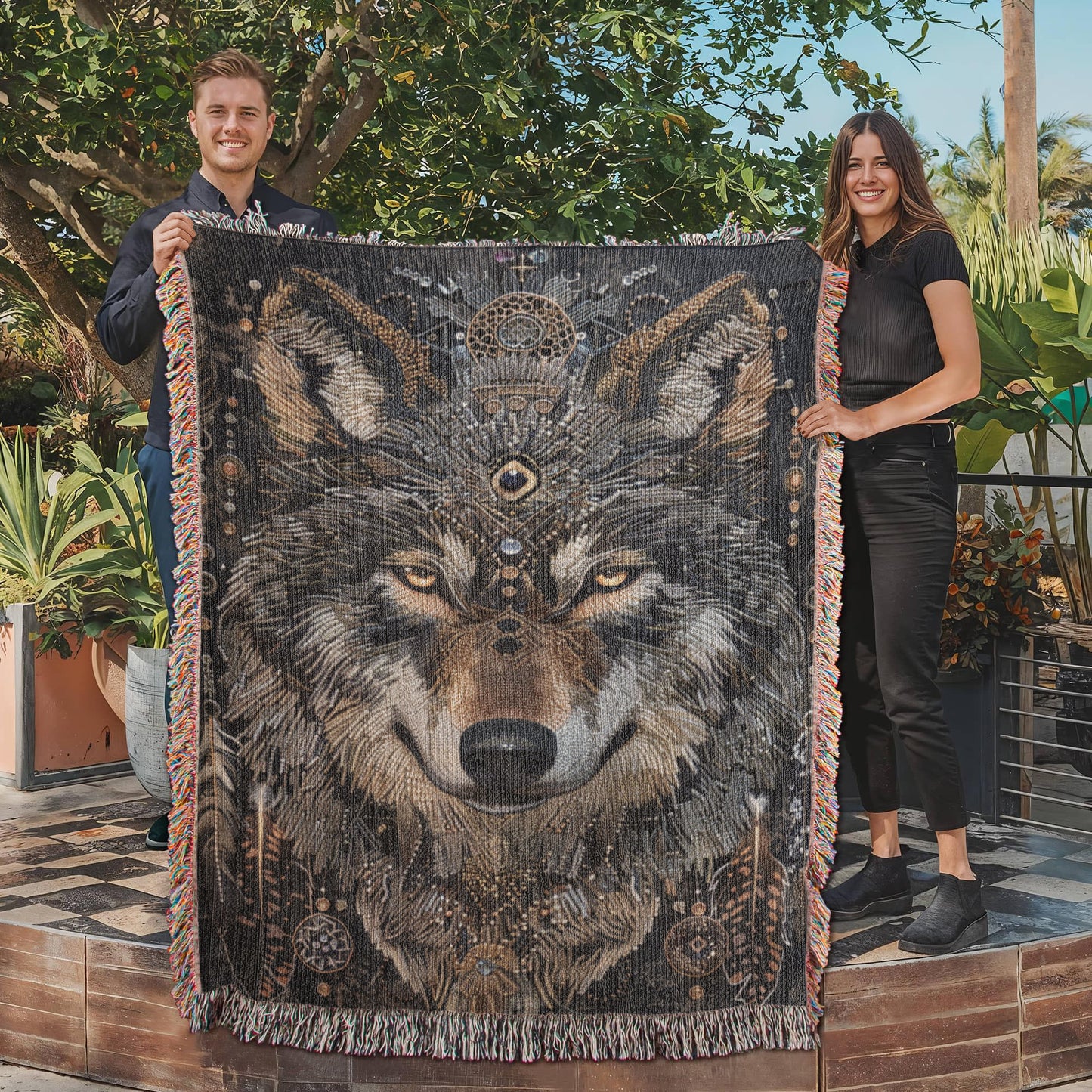 Boho Tribal Wolf Woven Blanket – Tribal Head Design in Earthy Tones | Mystical Boho Lodge Decor