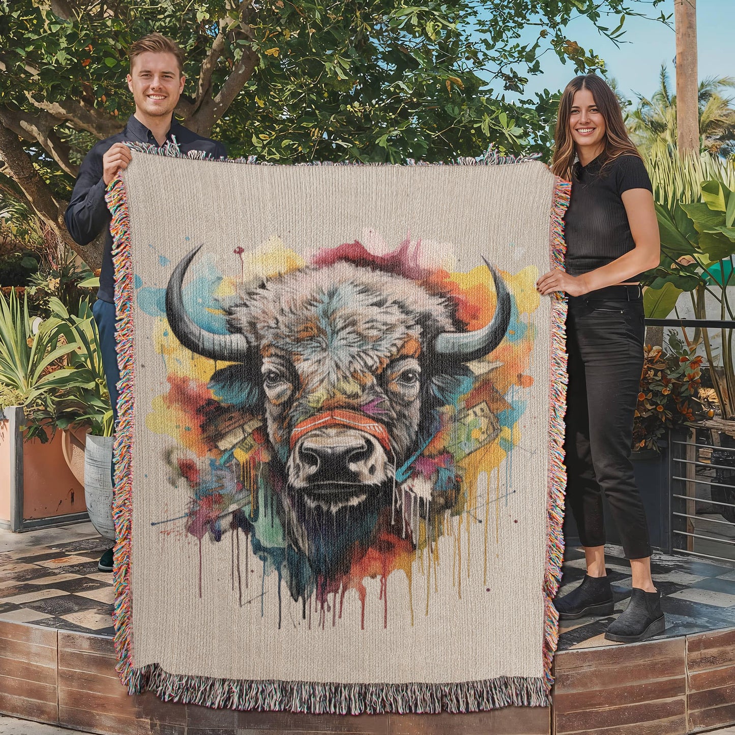Headstrong Woven Blanket – Watercolor Bull Portrait