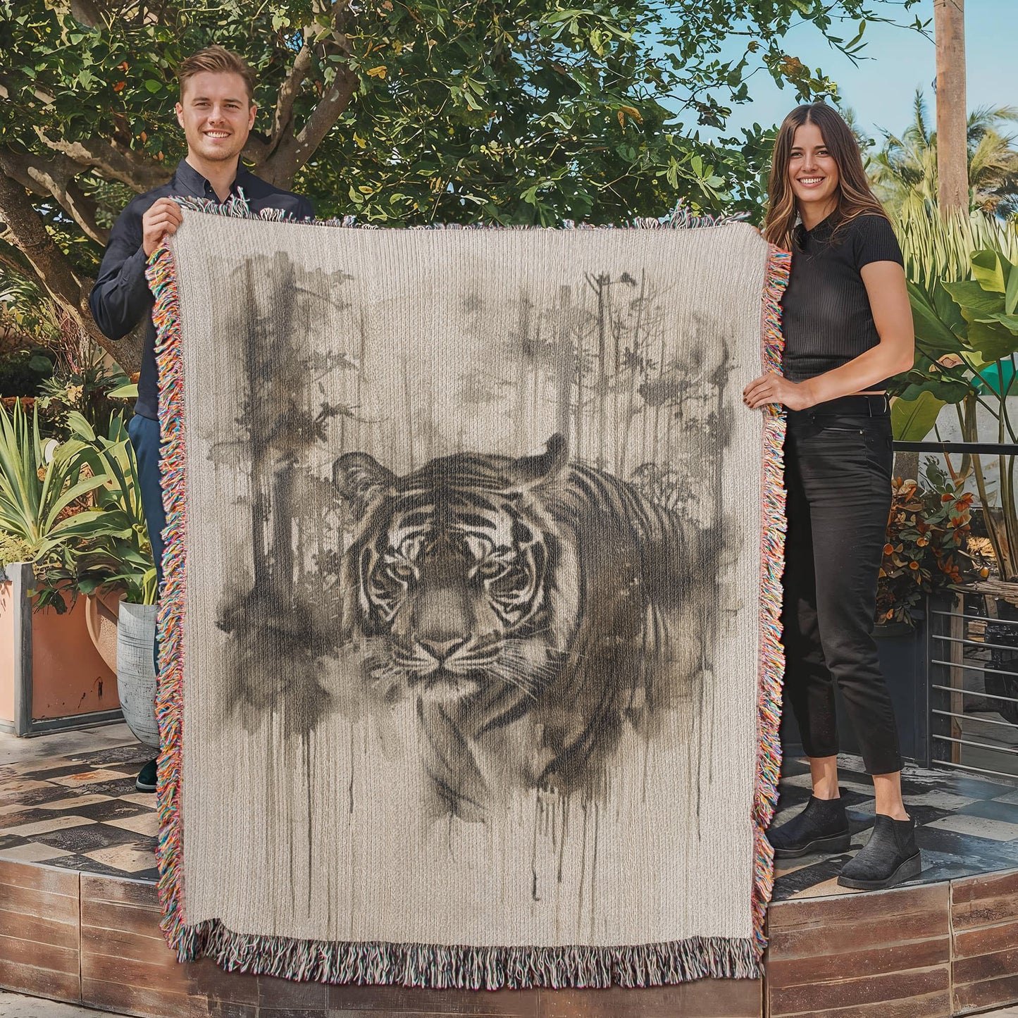 Silent Prowl Woven Blanket – Watercolor Tiger in Mist