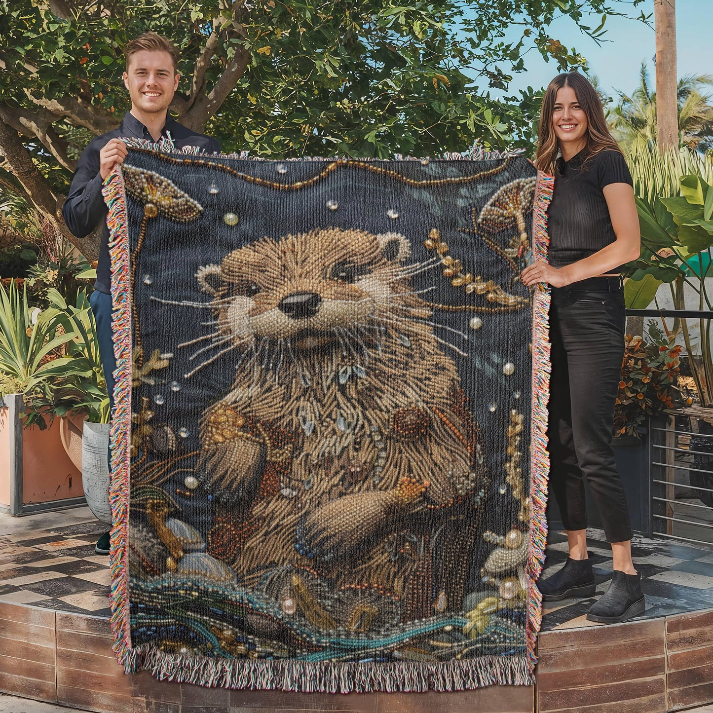Boho River Otter Blanket – Beaded Look Textile Art in Deep Earth Tones | Boho Nature Lover Gift