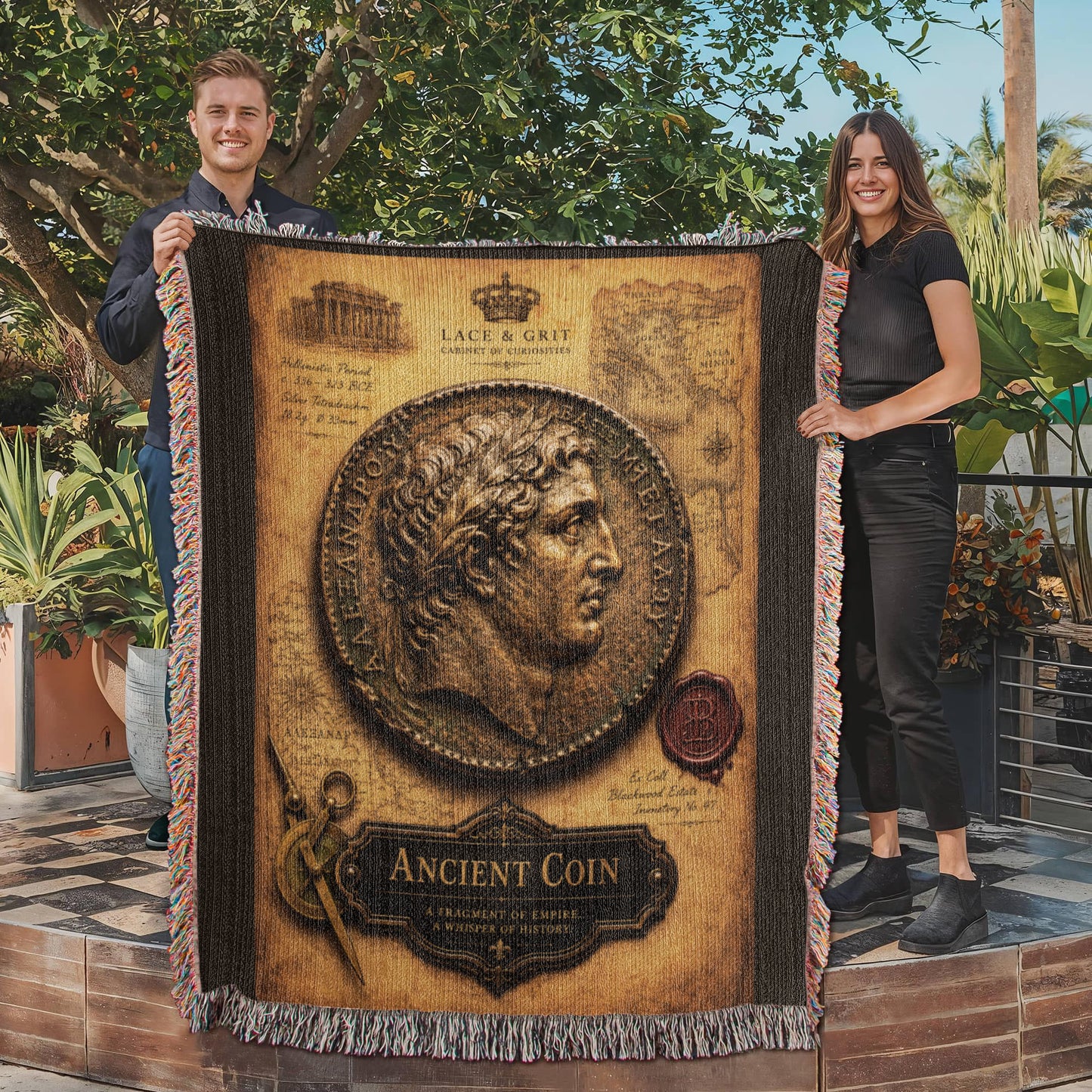 Ancient Coin Woven Throw Blanket | Cabinet of Curiosities Decor | Cotton Tapestry | Archaeology History Gift