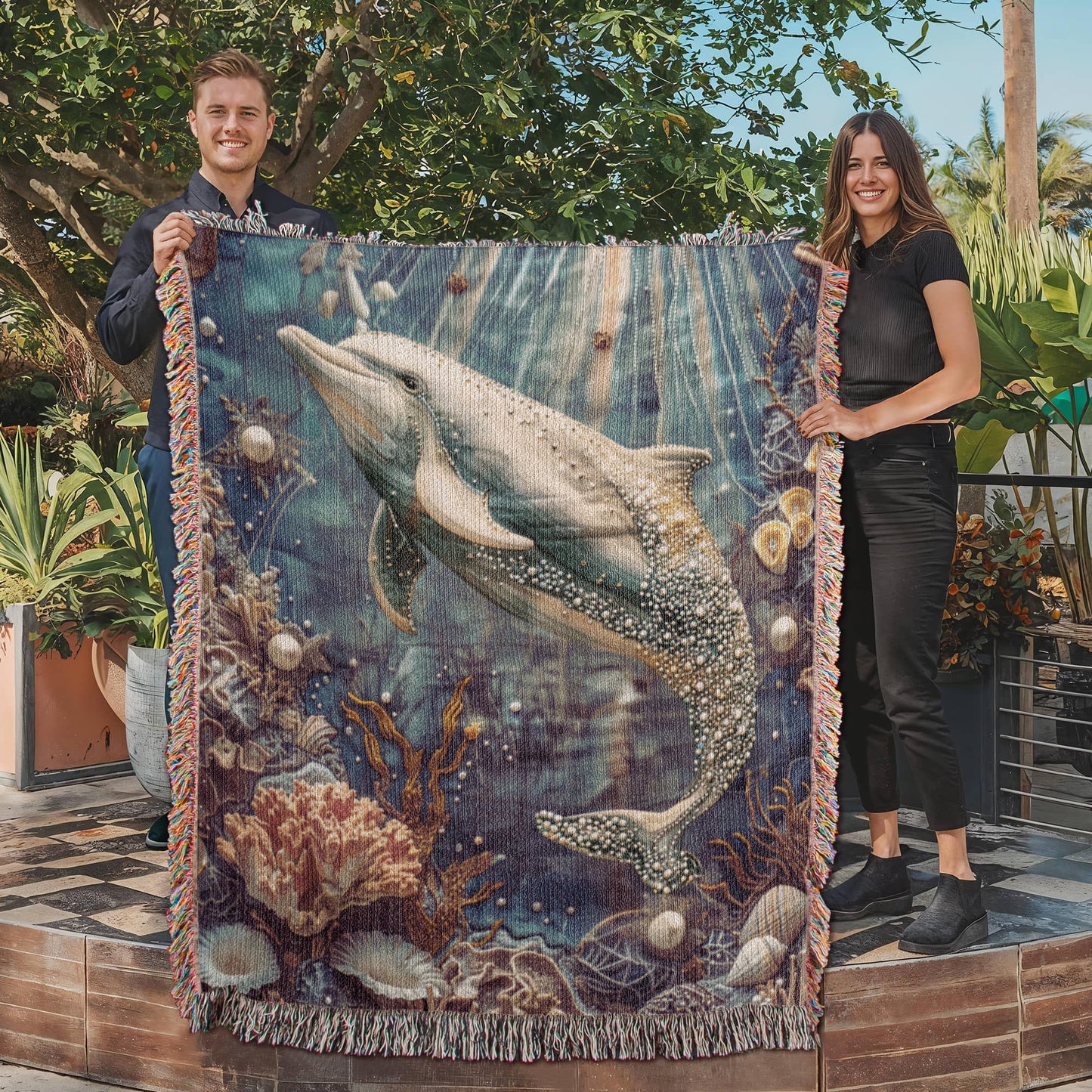 Beaded Look Dolphin Blanket – Ocean-Inspired Woven Throw | Underwater Boho Decor by Lace & Grit