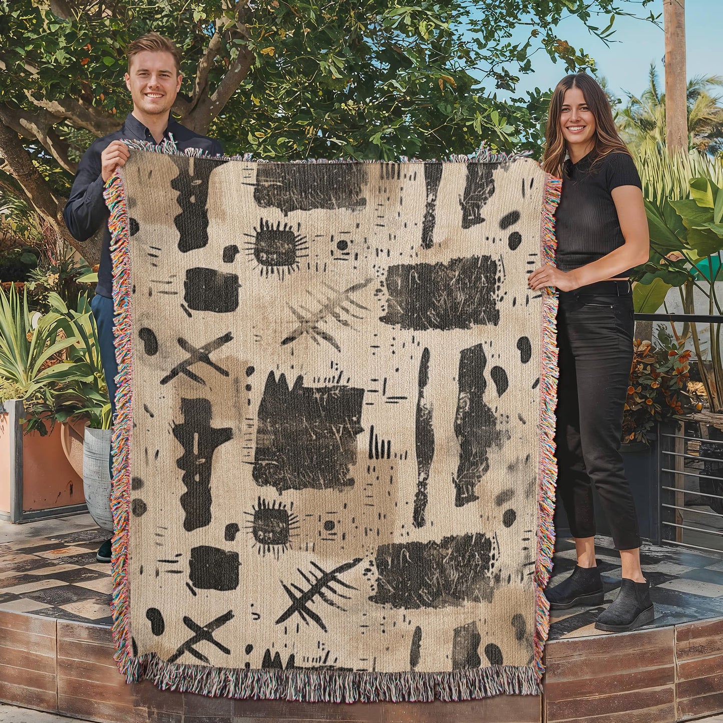 Nomad Script Woven Blanket – Primitive Abstract Boho Throw