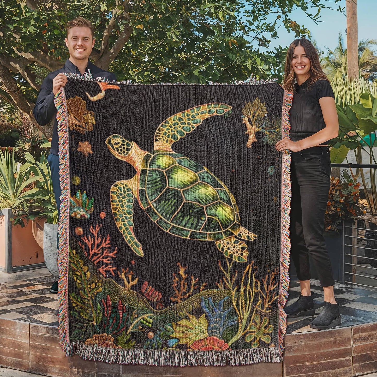 Beaded Look Sea Turtle Blanket – Ocean-Inspired Woven Throw | Coastal Boho Decor by Lace & Grit