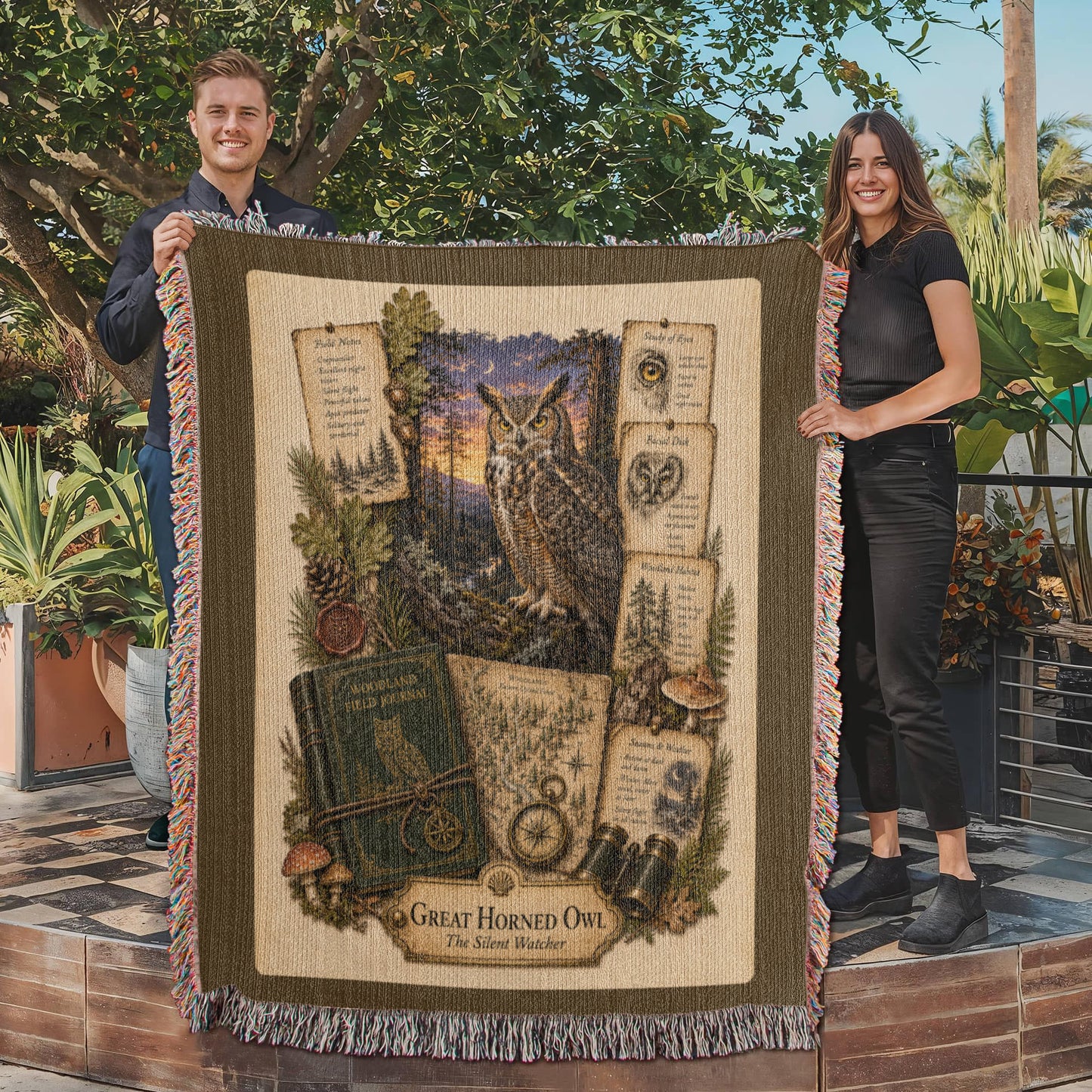 Great Horned Owl Woven Throw Blanket | Woodland Animal Decor | Cotton Tapestry Throw | Naturalist Journal Gift