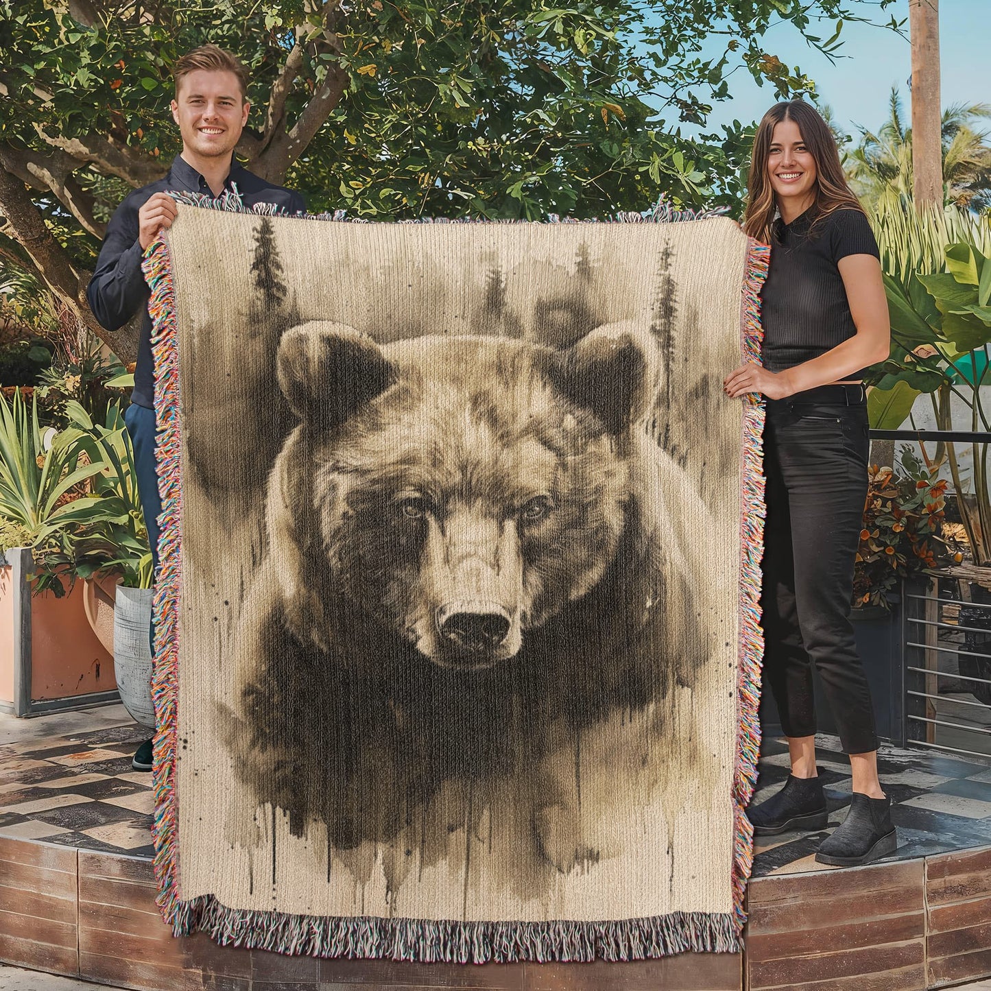Forest Watcher Woven Blanket – Watercolor Bear in Woodland Mist