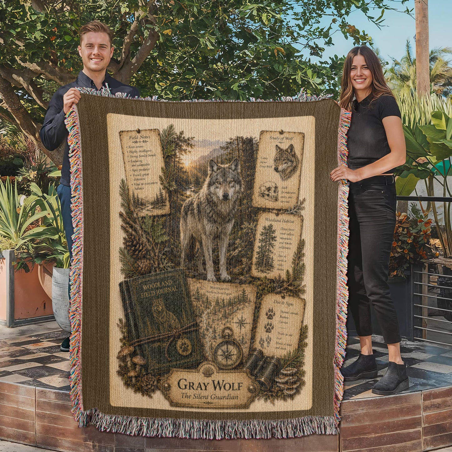 Gray Wolf Woven Throw Blanket | Woodland Animal Decor | Cotton Tapestry Throw | Naturalist Journal Gift