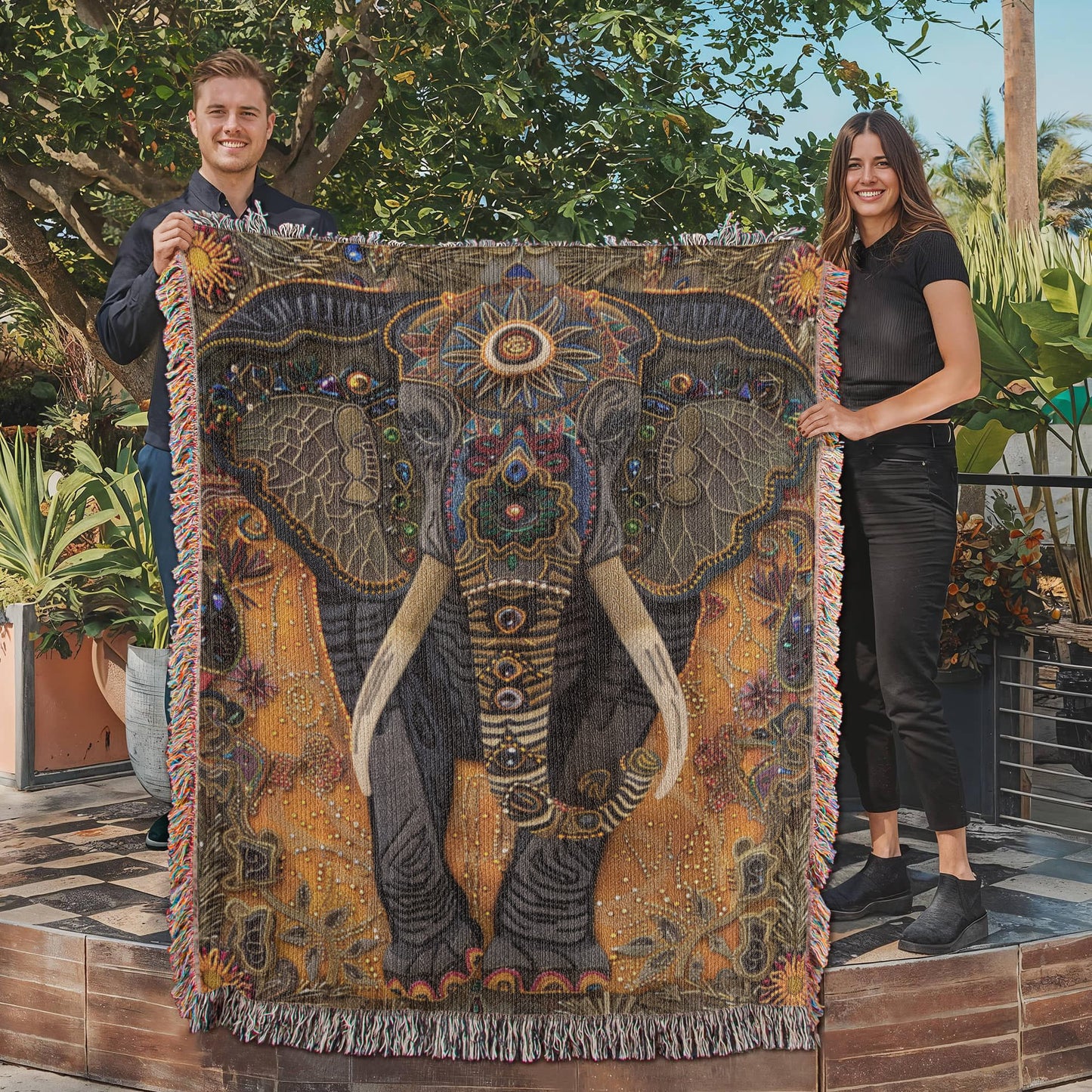 Boho Elephant Woven Blanket – Beaded-Inspired Tapestry with Tribal Floral Accents