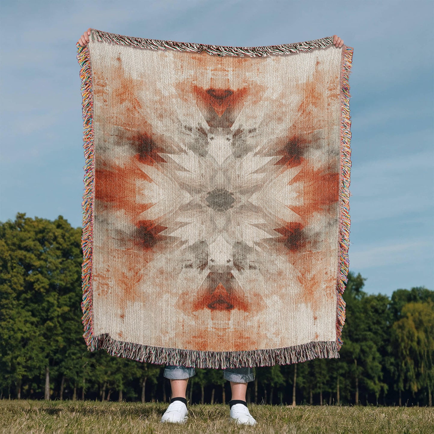 Red Earth Ritual Woven Blanket – Mystical Boho Sunburst Throw