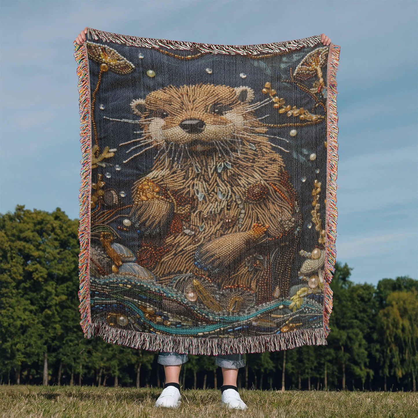 Boho River Otter Blanket – Beaded Look Textile Art in Deep Earth Tones | Boho Nature Lover Gift