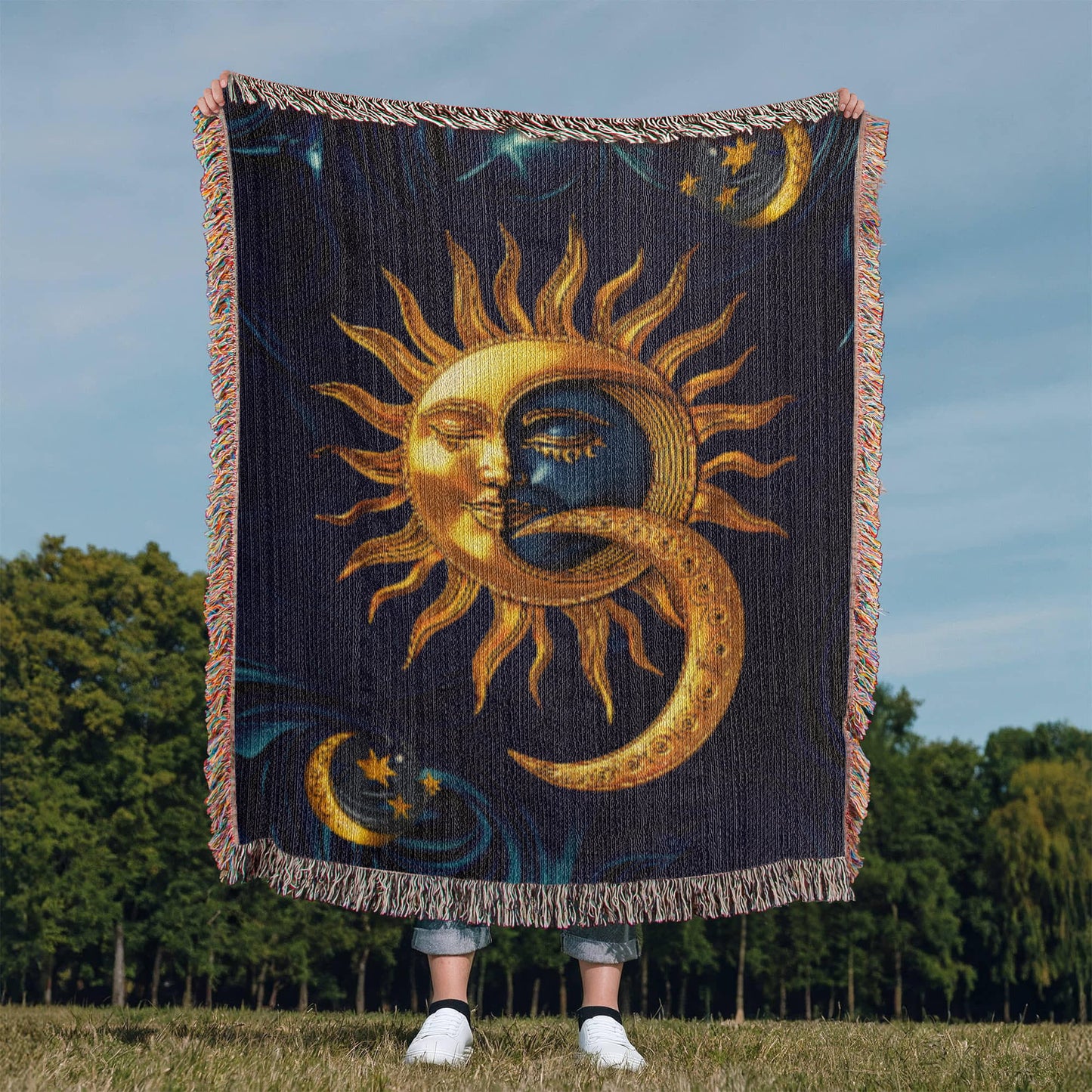 Embossed Sun & Moon Blanket – Celestial Woven Throw | Cosmic Boho Decor by Lace & Grit