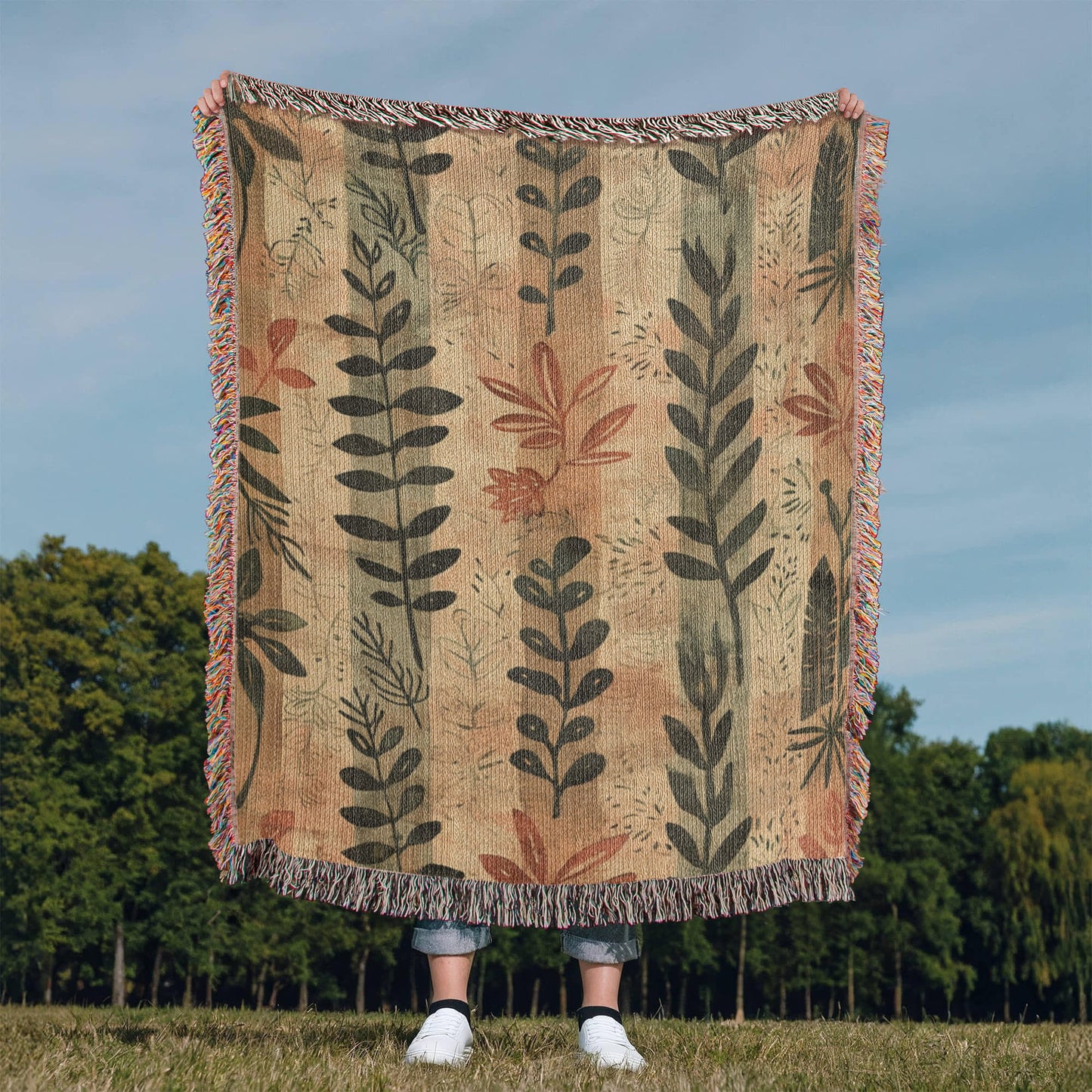 Whispering Leaves Woven Blanket – Boho Botanical Nature Throw