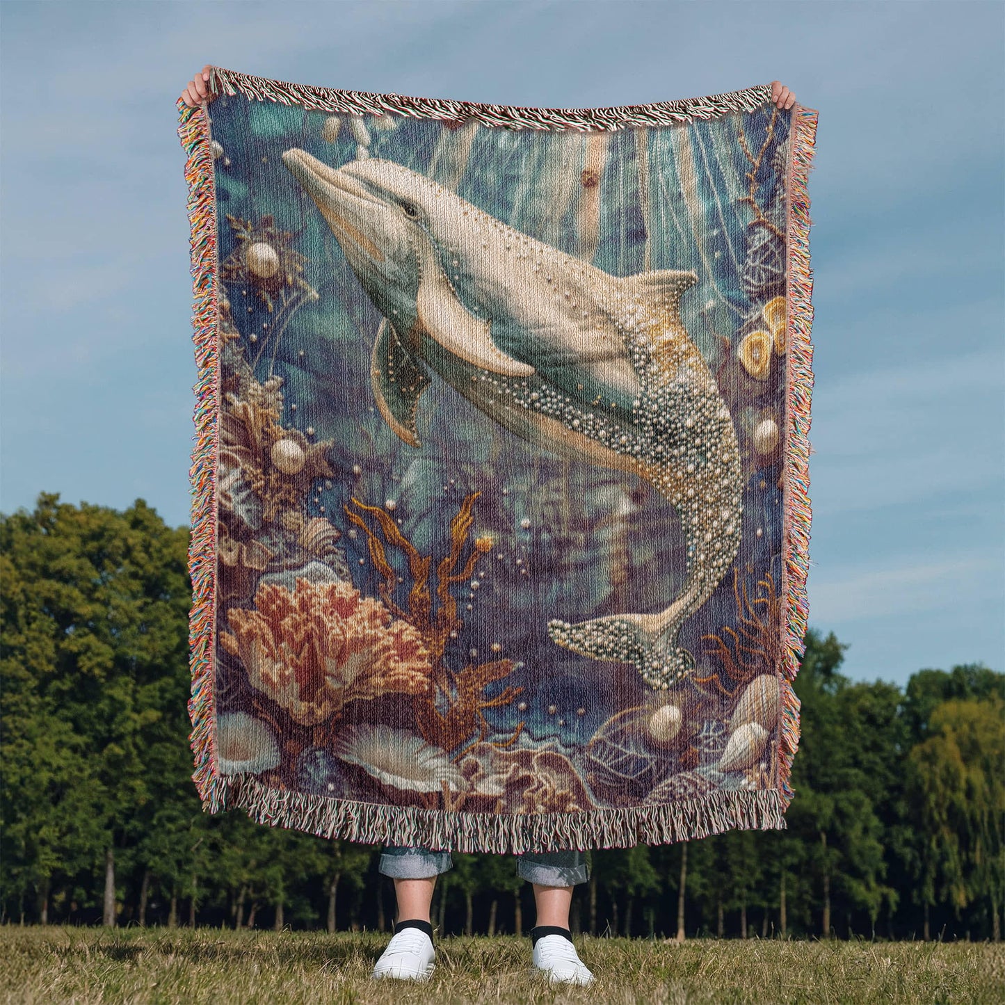 Beaded Look Dolphin Blanket – Ocean-Inspired Woven Throw | Underwater Boho Decor by Lace & Grit