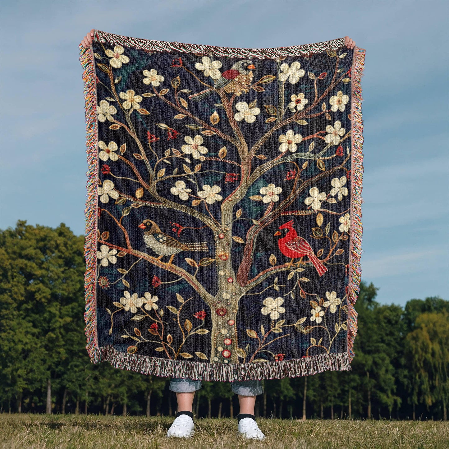 Blossom & Birds | Botanical Cardinal Woven Blanket for Cozy Boho Spaces