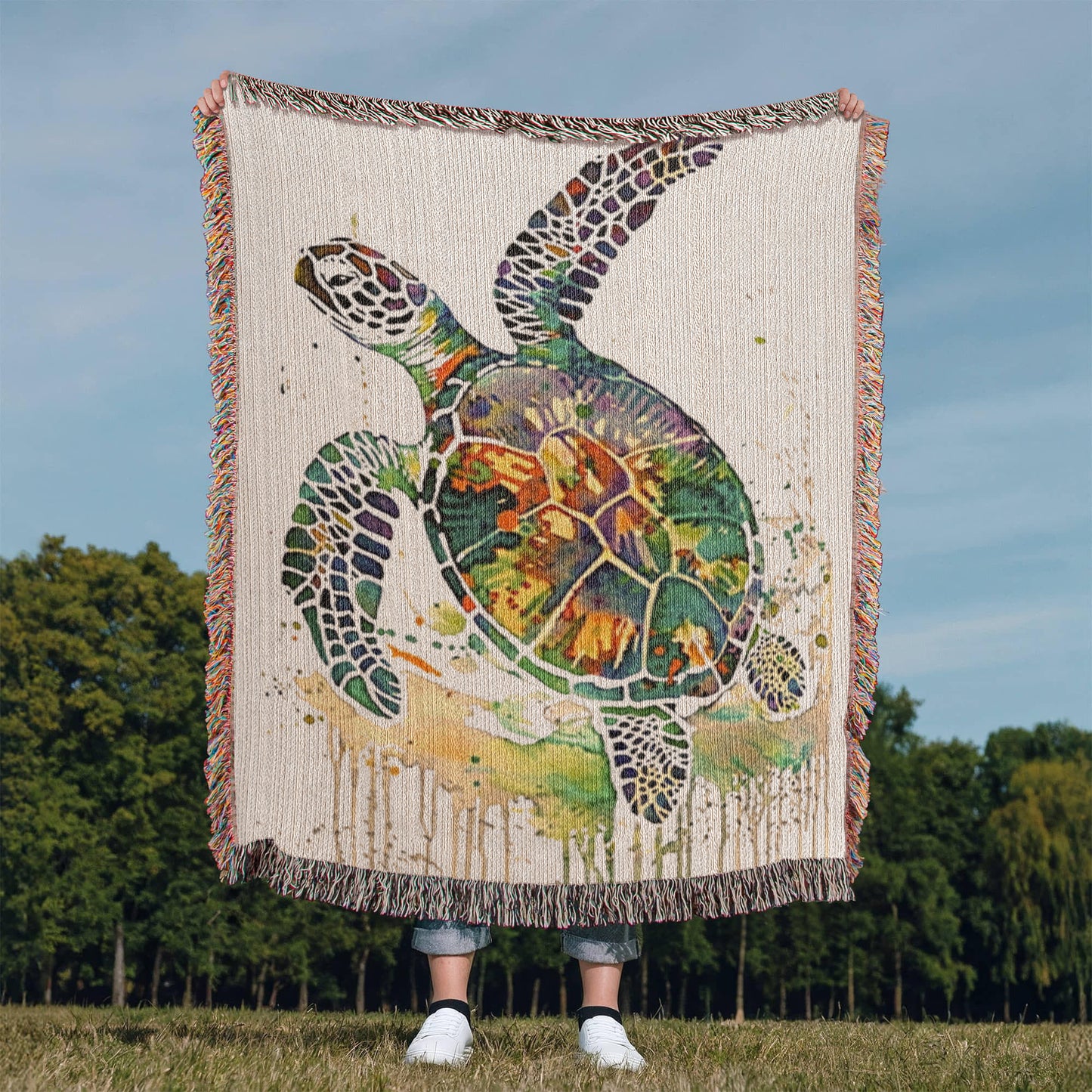 Coralwake Woven Blanket – Watercolor Sea Turtle in Motion