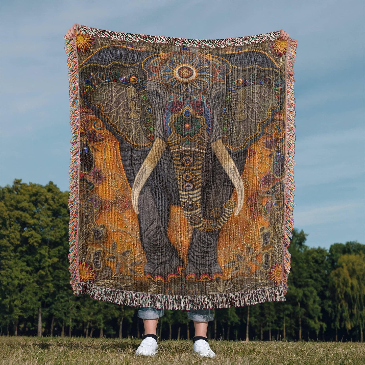 Boho Elephant Woven Blanket – Beaded-Inspired Tapestry with Tribal Floral Accents