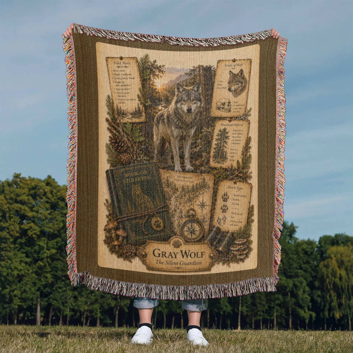 Gray Wolf Woven Throw Blanket | Woodland Animal Decor | Cotton Tapestry Throw | Naturalist Journal Gift