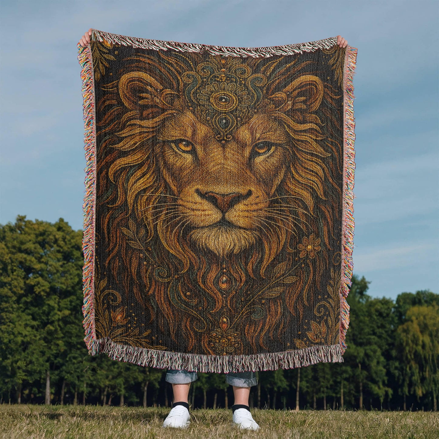 Beaded Lion Blanket – Spiritual Strength & Regal Bohemian Tapestry Throw