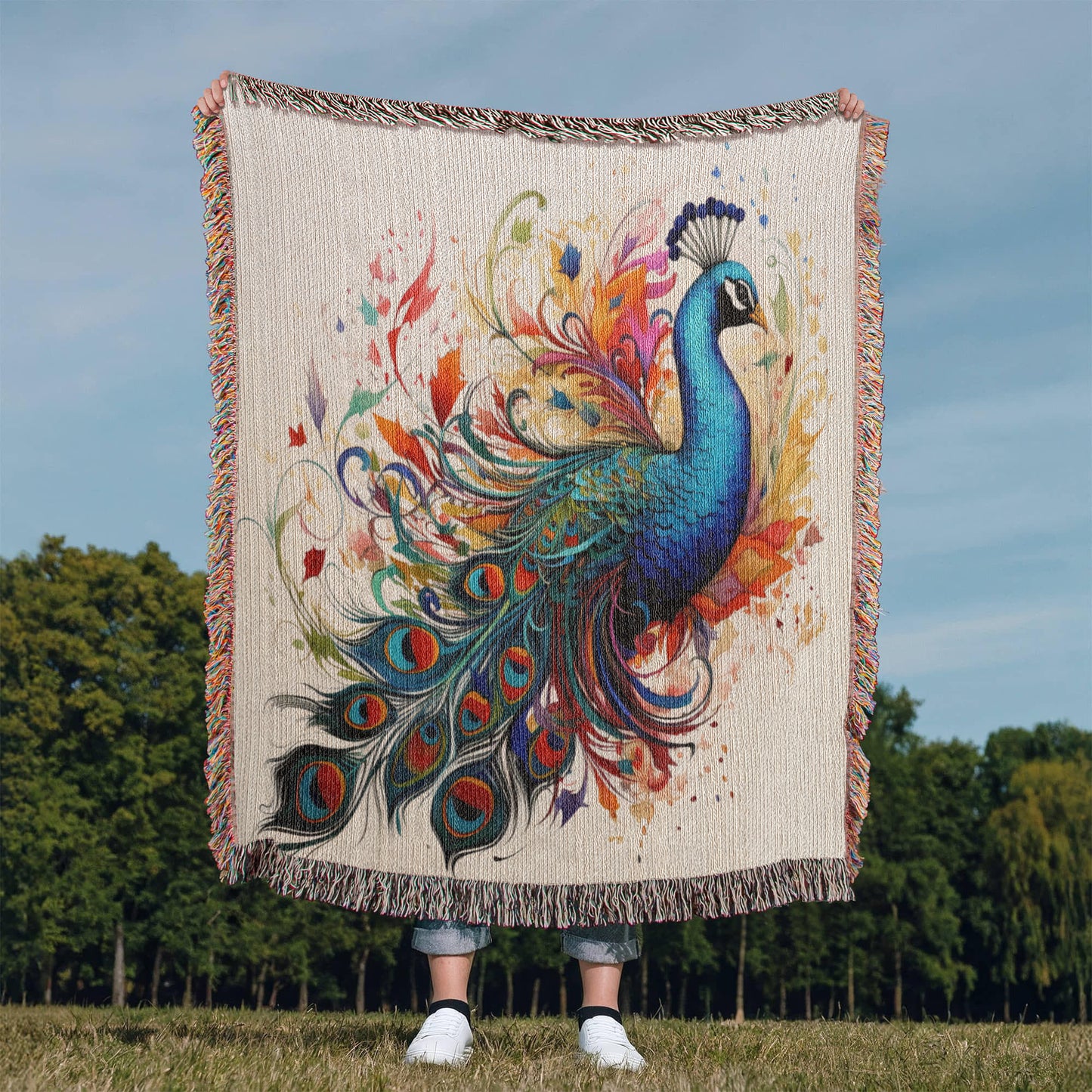 Plumefire Woven Blanket – Watercolor Peacock in Full Display