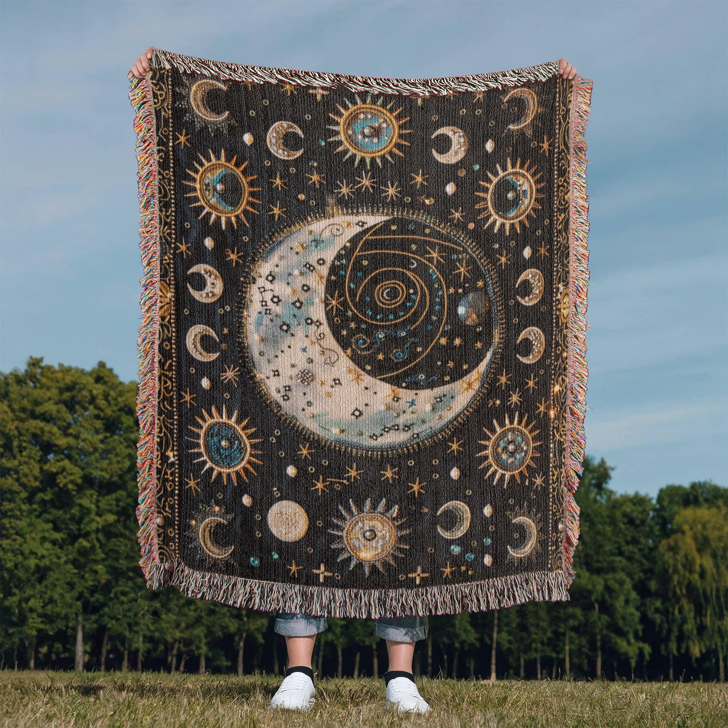 Beaded Look Moon & Stars Blanket – Celestial Woven Throw | Cosmic Boho Decor by Lace & Grit