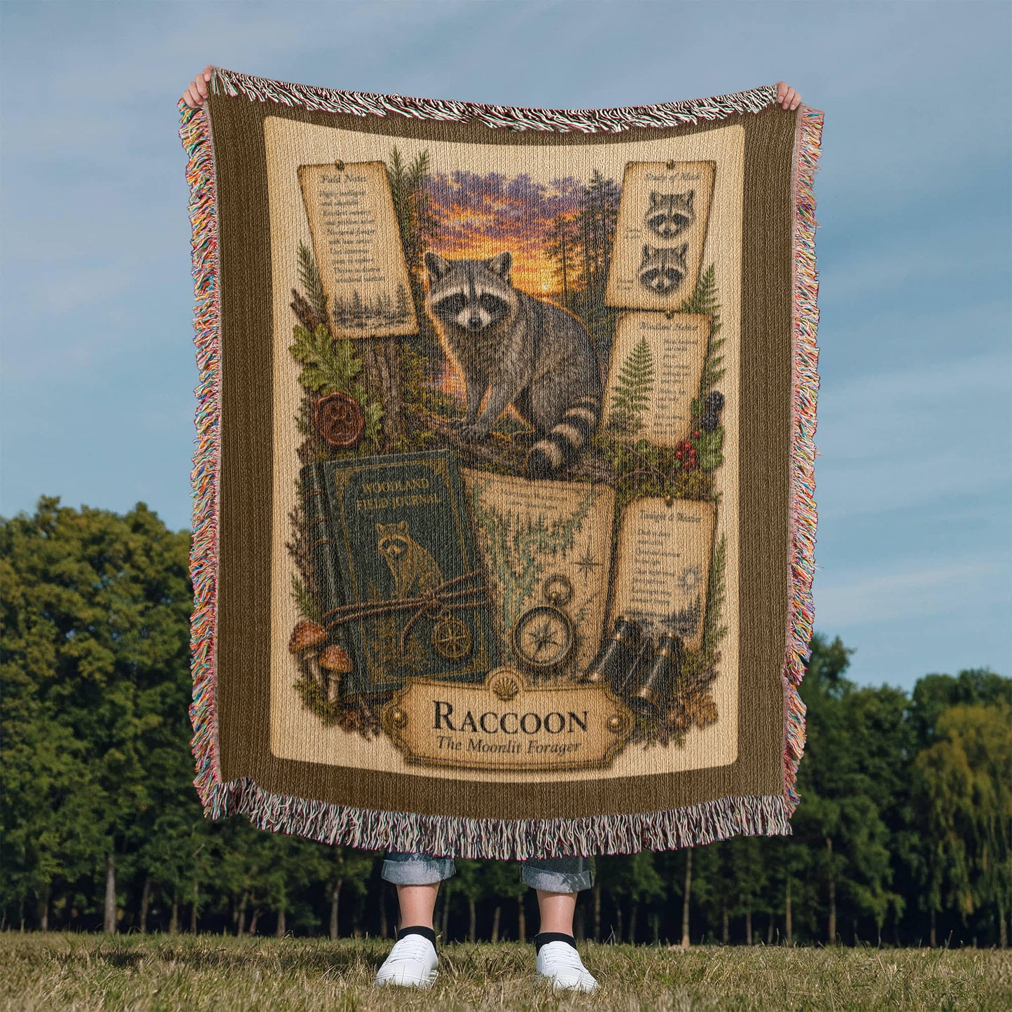 Raccoon Woven Throw Blanket | Woodland Animal Decor | Cotton Tapestry Throw | Naturalist Journal Gift