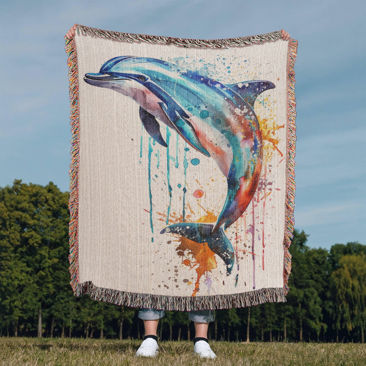 Tidewater Woven Blanket – Watercolor Dolphin in Motion