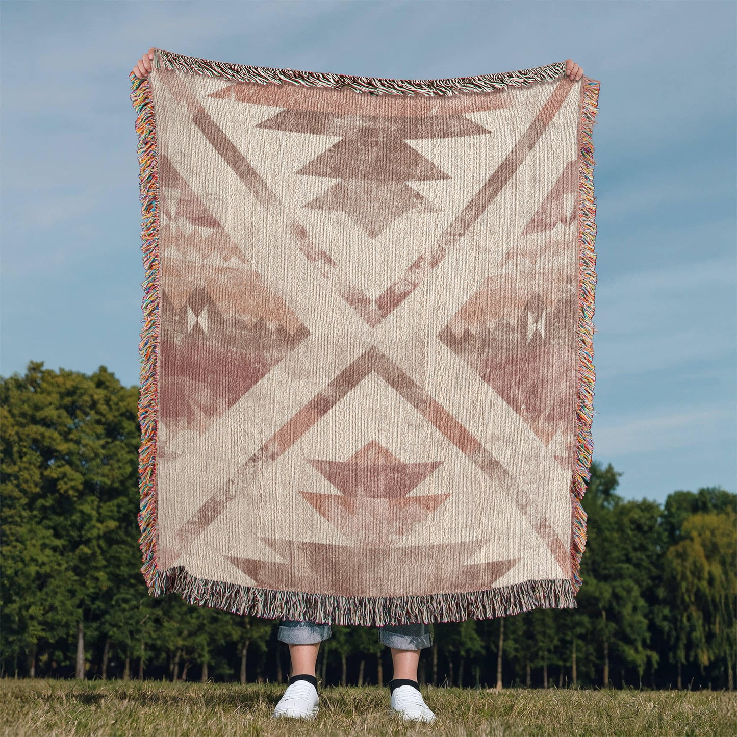 Desert Bloom Woven Blanket – Faded Blush Tribal Boho Throw