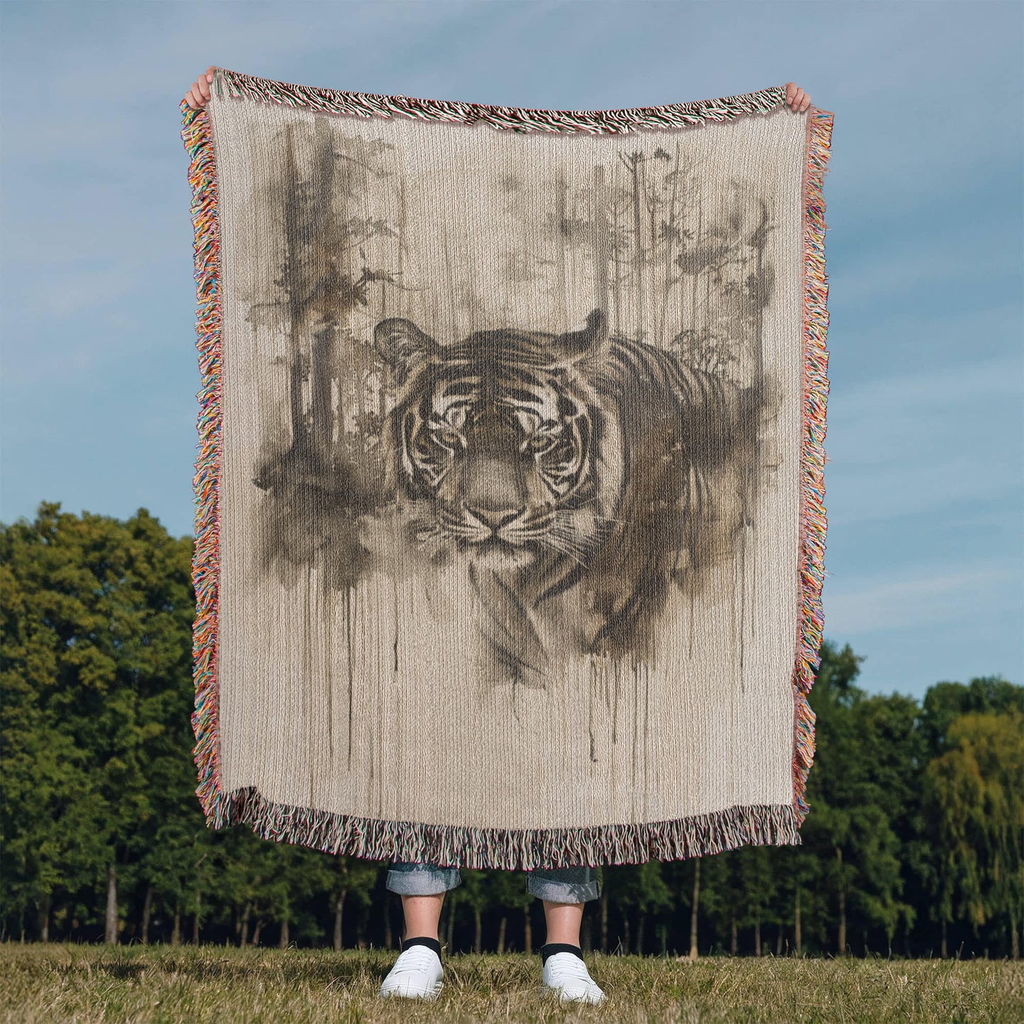 Silent Prowl Woven Blanket – Watercolor Tiger in Mist