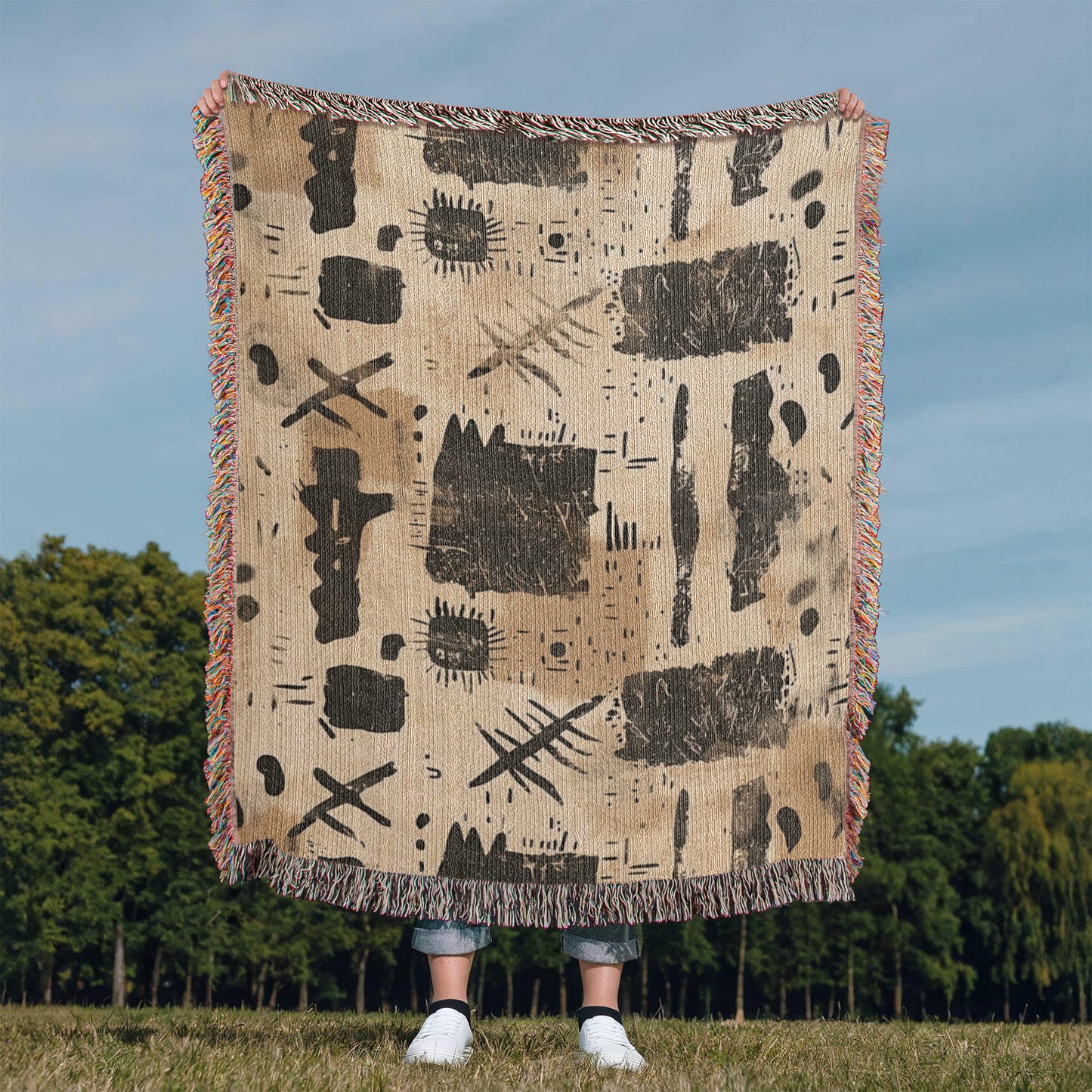 Nomad Script Woven Blanket – Primitive Abstract Boho Throw