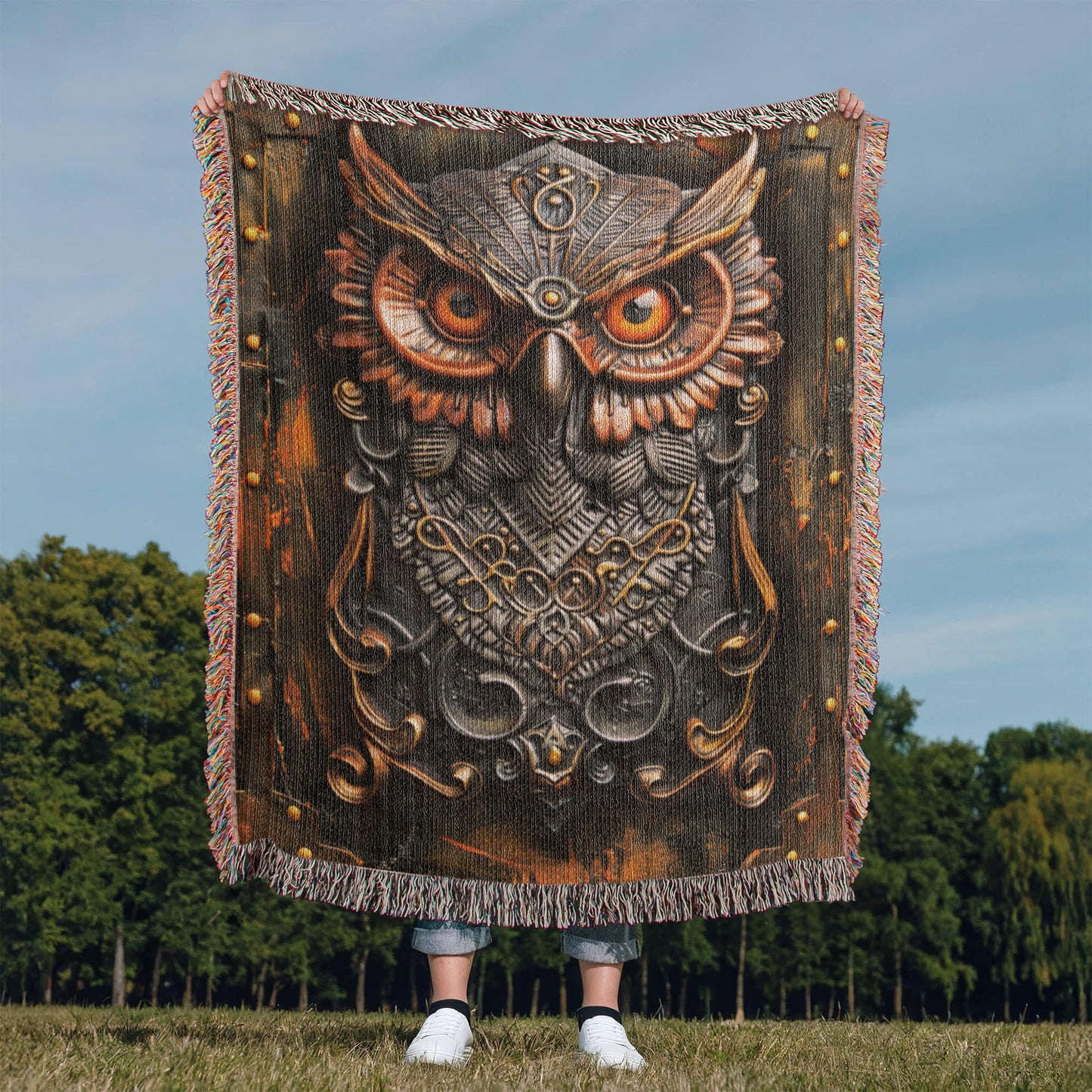 Emberwatch Owl Blanket – Woven Mystical Guardian Emblem | Fantasy Artifact Decor by Lace & Grit