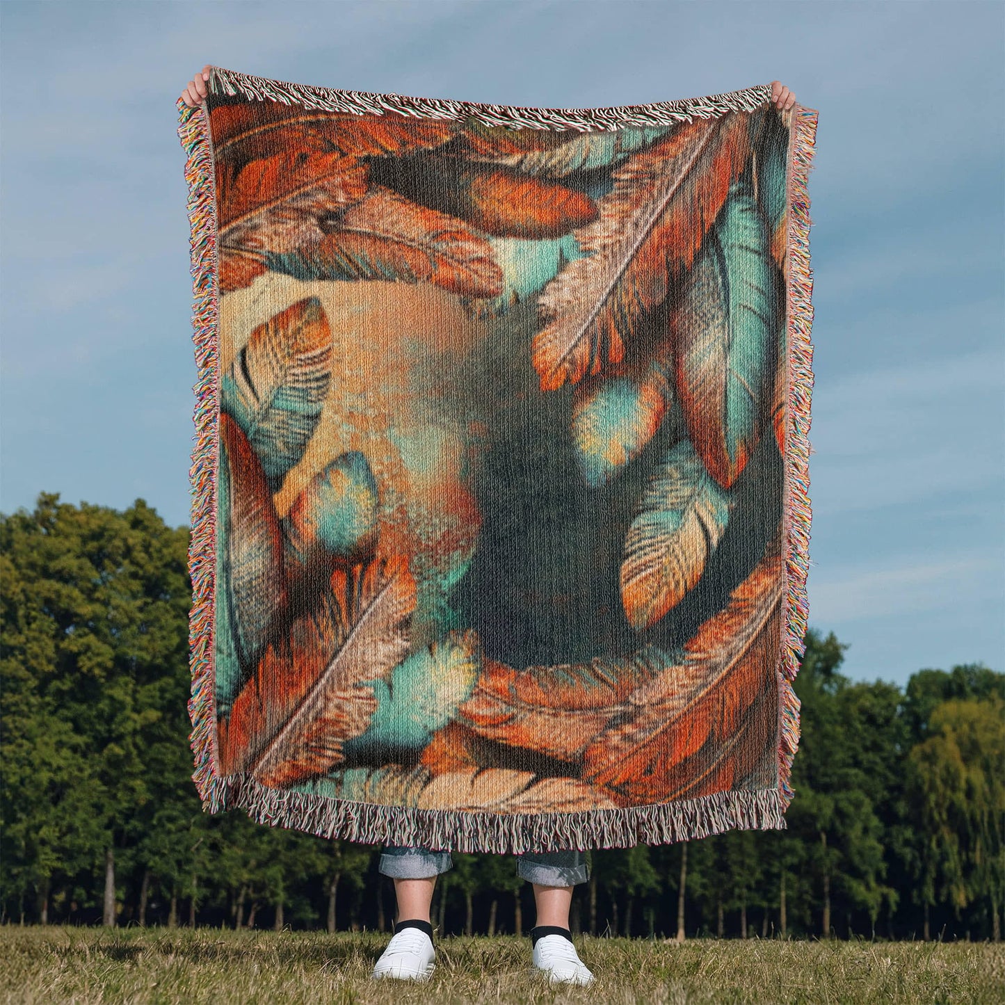 Embossed Feather Blanket – Boho-Inspired Woven Throw | Copper & Teal Artistic Decor by Lace & Grit