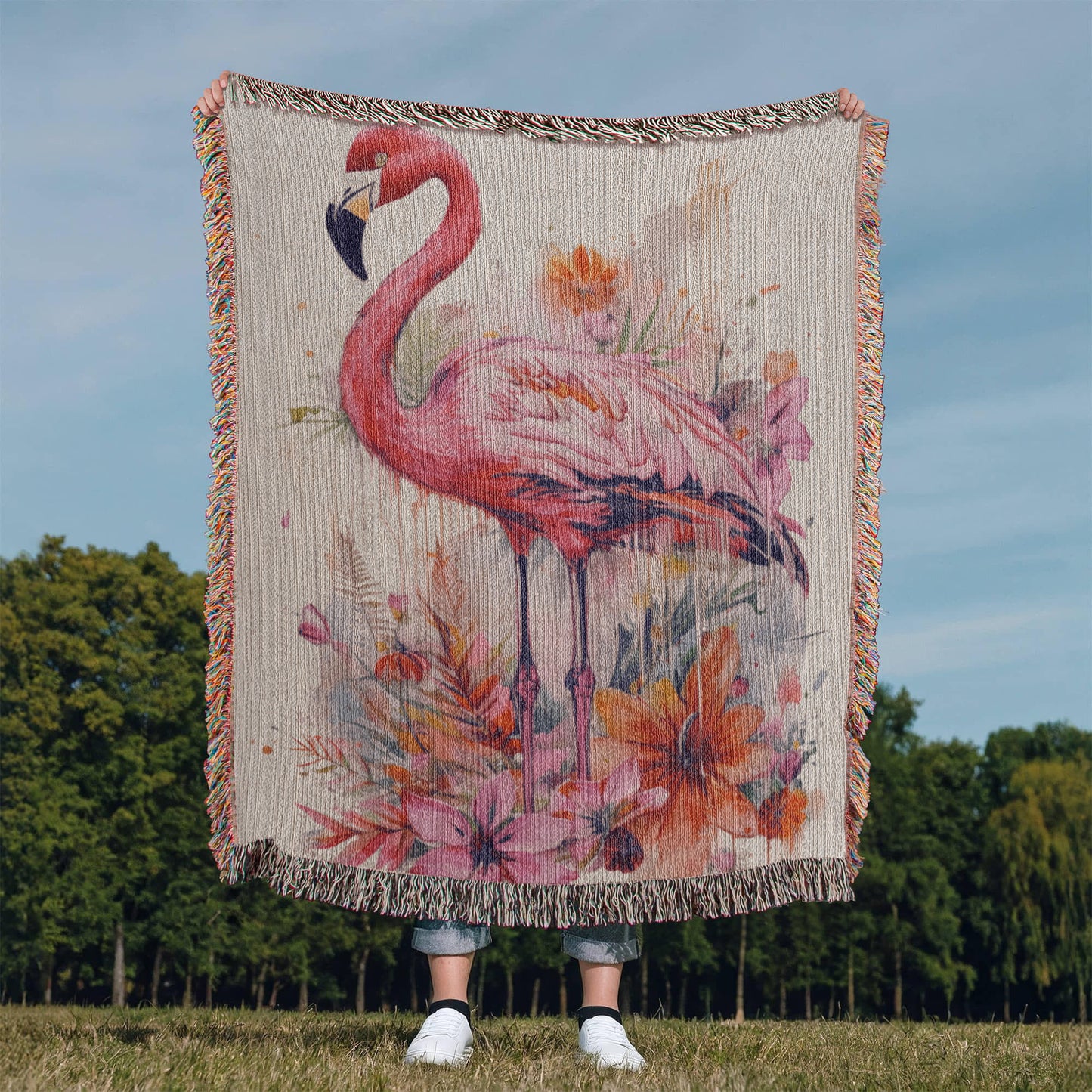 Sunwade Woven Blanket – Watercolor Flamingo in Blush Tones