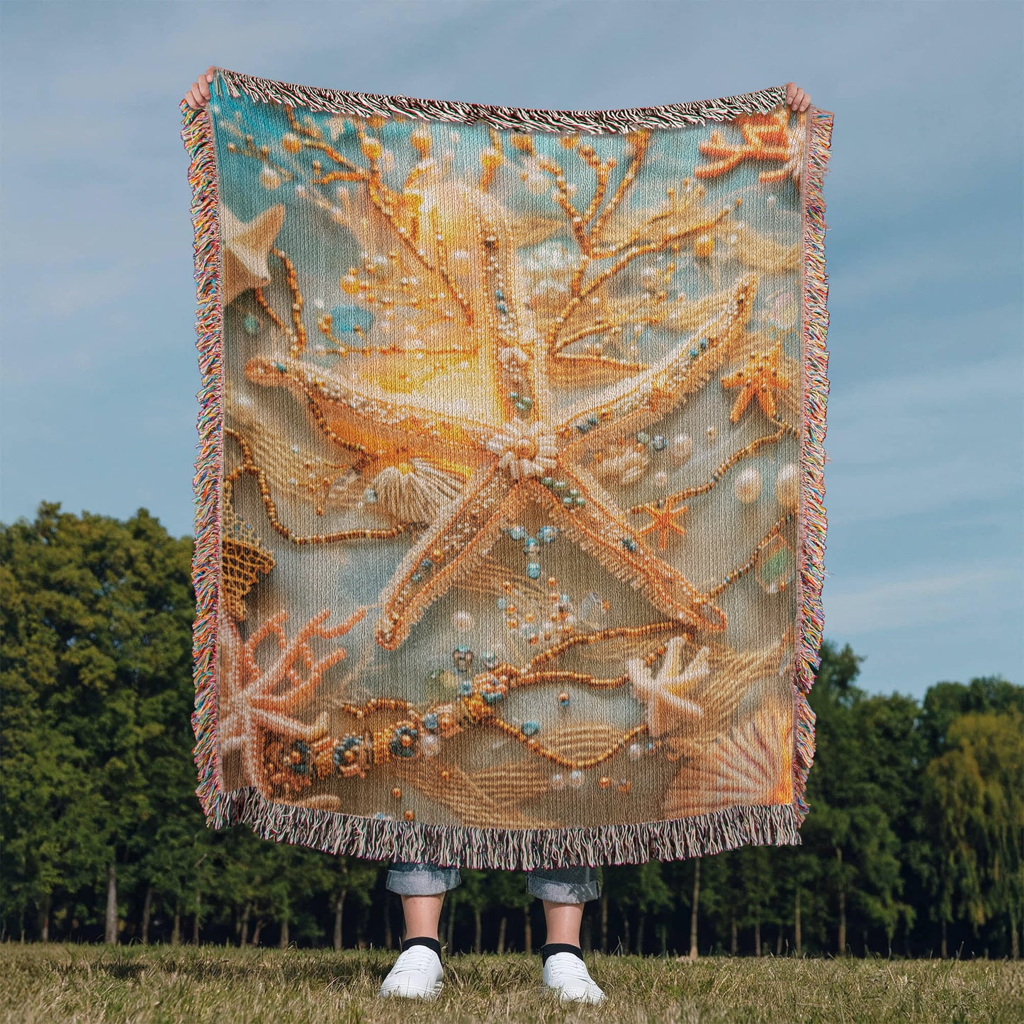 Beaded Look Starfish Blanket – Woven Coastal Fantasy Throw | Ocean-Inspired Decor by Lace & Grit