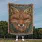 Boho Beaded Fox Blanket – Intricate Woven Art with Forest Green Background | Rustic Animal Decor Throw
