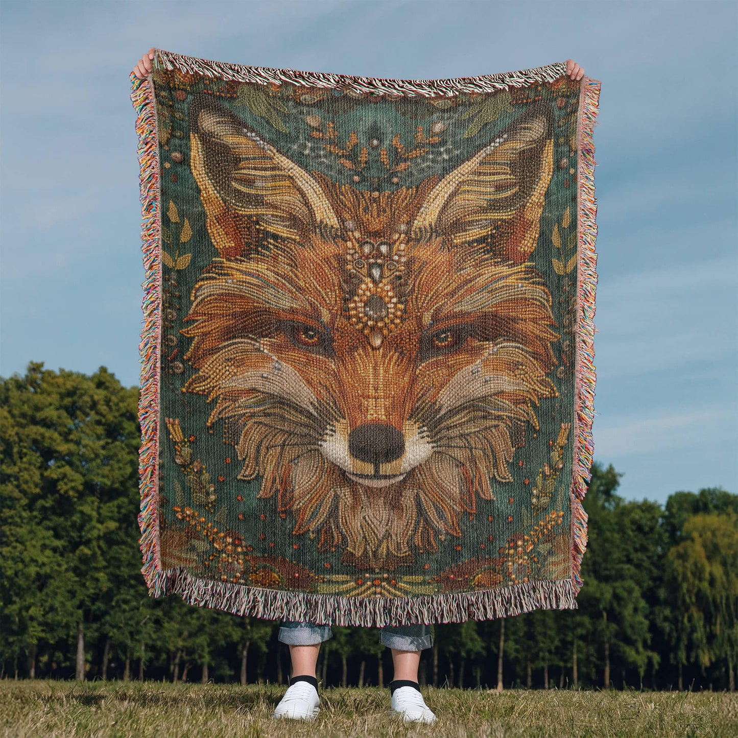 Boho Beaded Fox Blanket – Intricate Woven Art with Forest Green Background | Rustic Animal Decor Throw