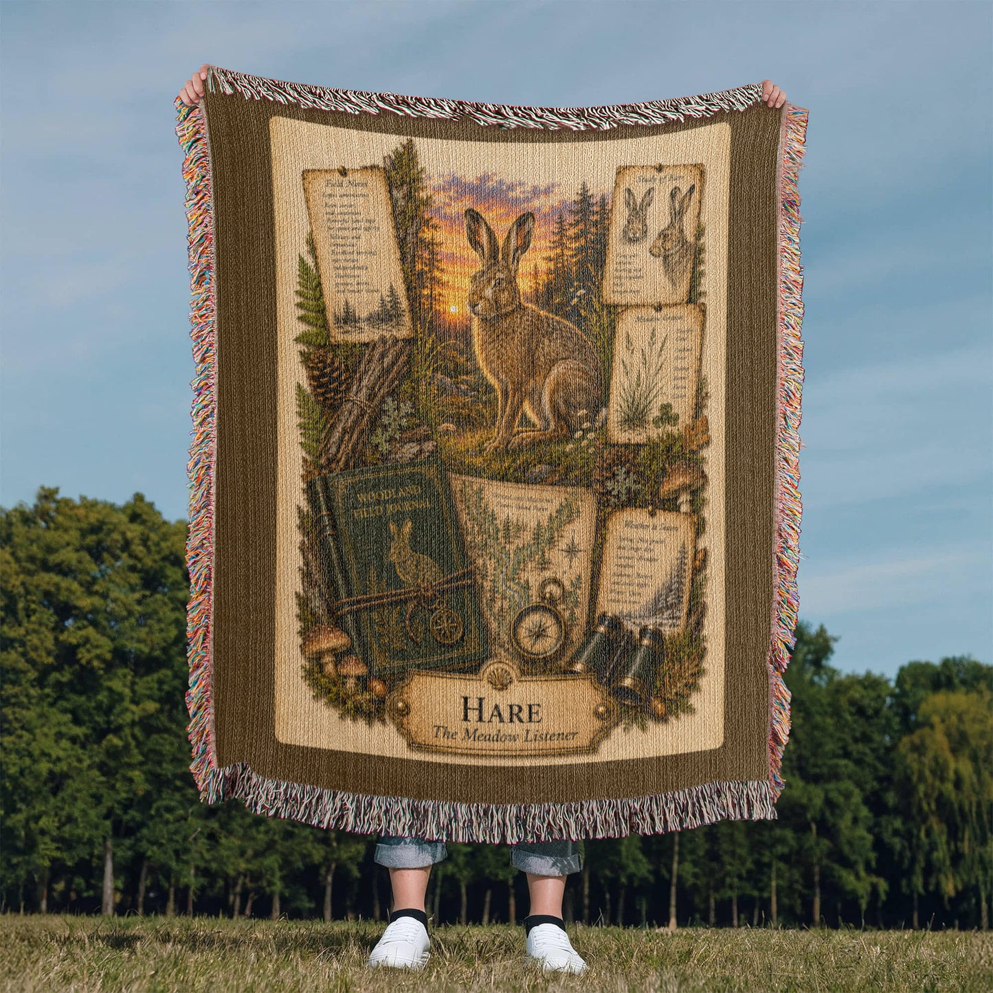 Hare Woven Throw Blanket | Woodland Animal Decor | Cotton Tapestry Throw | Naturalist Journal Gift