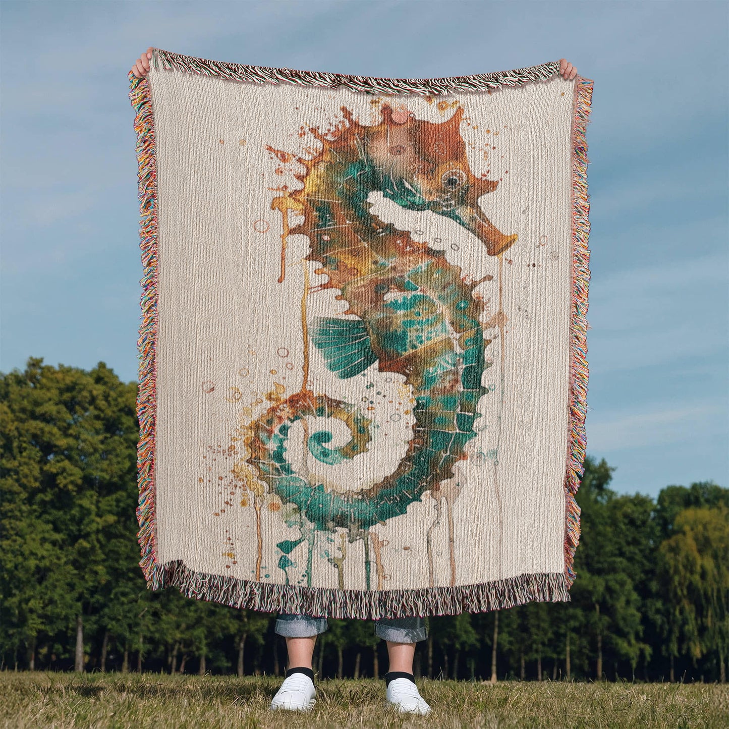 Cindertide Woven Blanket – Watercolor Seahorse with Drip Effect