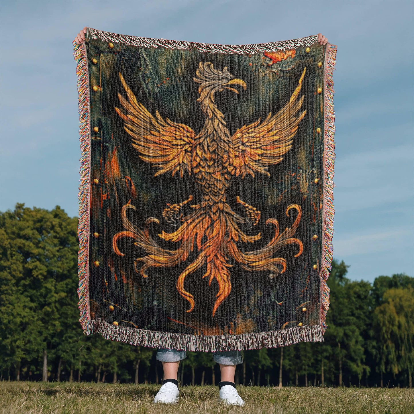 Emberborn Phoenix Blanket – Woven Mystical Firebird Emblem | Fantasy Artifact Decor by Lace & Grit