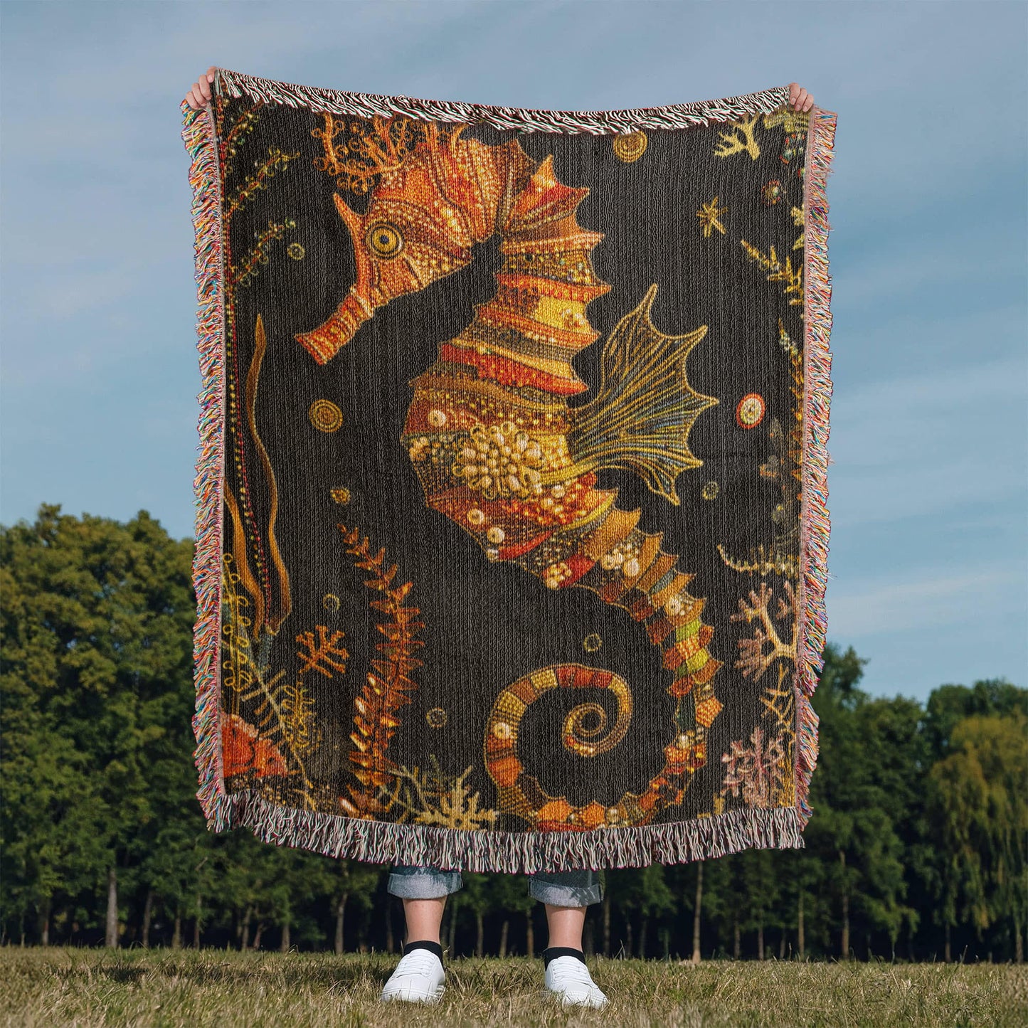 Beaded Look Seahorse Blanket – Woven Ocean-Inspired Throw | Golden Coral Art by Lace & Grit