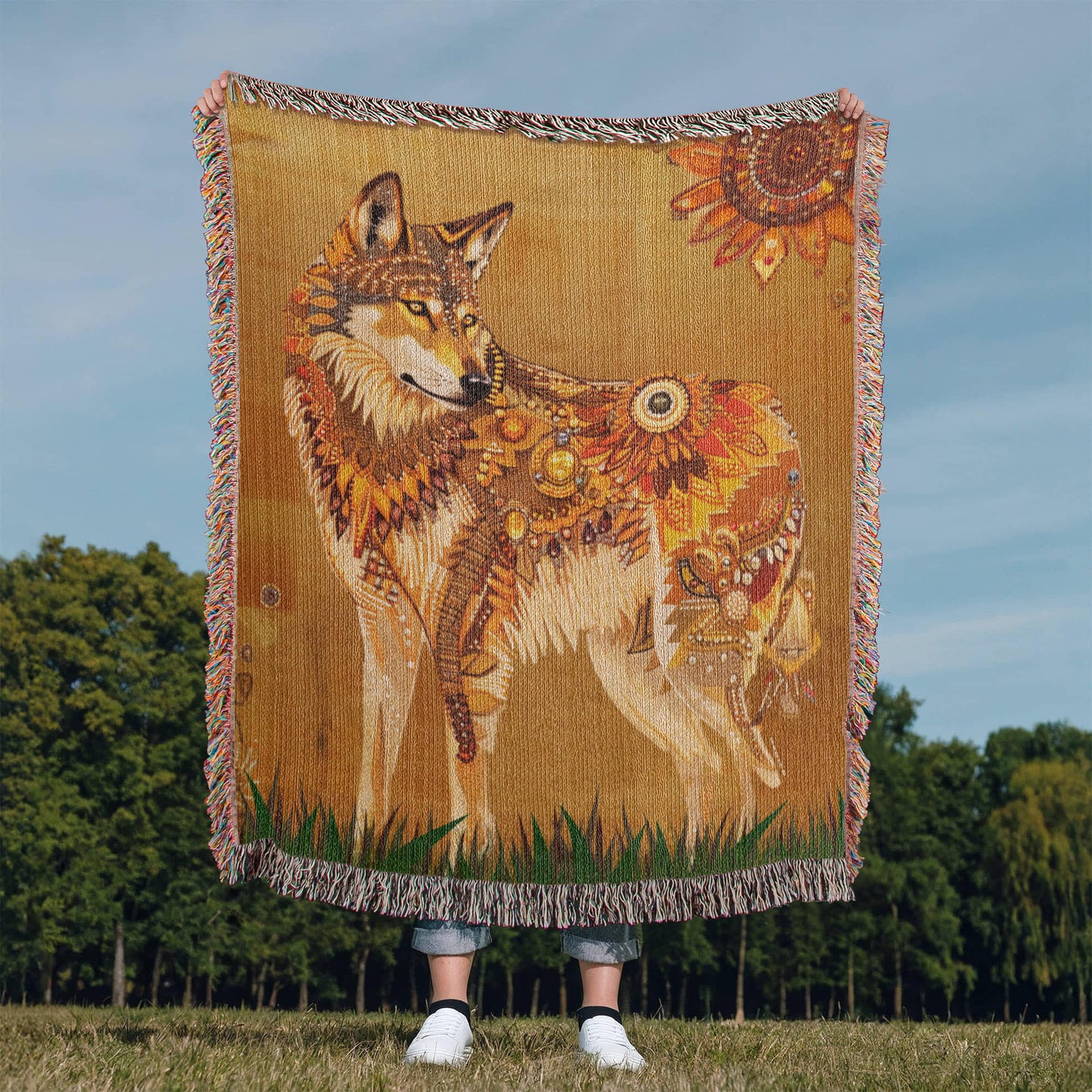 Beaded Look Spirit Wolf - Woven Throw Blanket