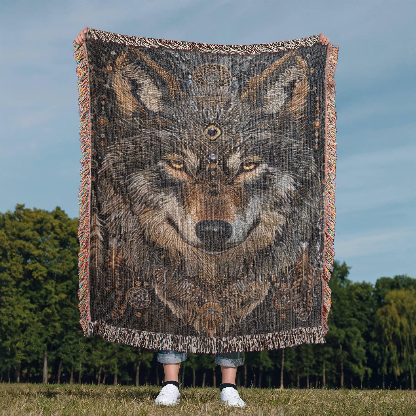 Boho Tribal Wolf Woven Blanket – Tribal Head Design in Earthy Tones | Mystical Boho Lodge Decor