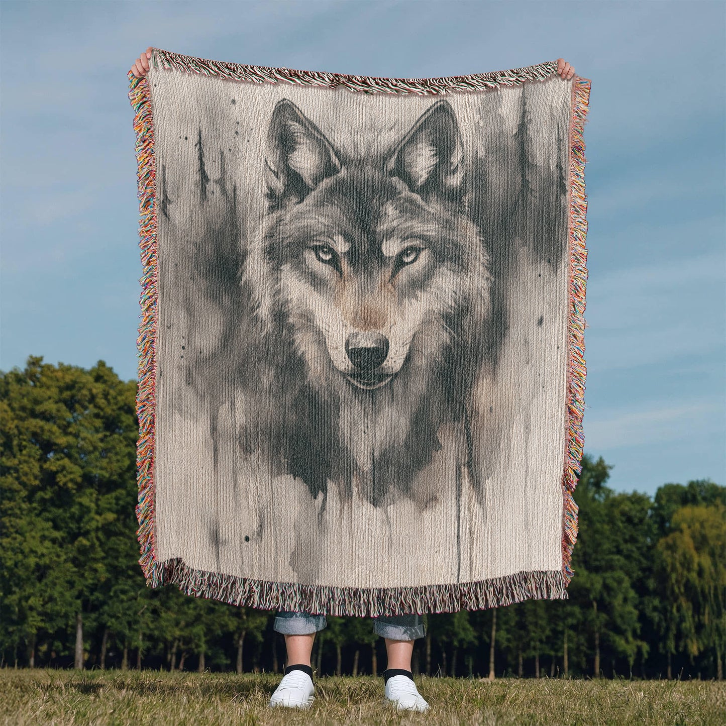 Lone Wolf Woven Blanket – Watercolor Wildlife Throw | Rustic Boho Cabin Decor