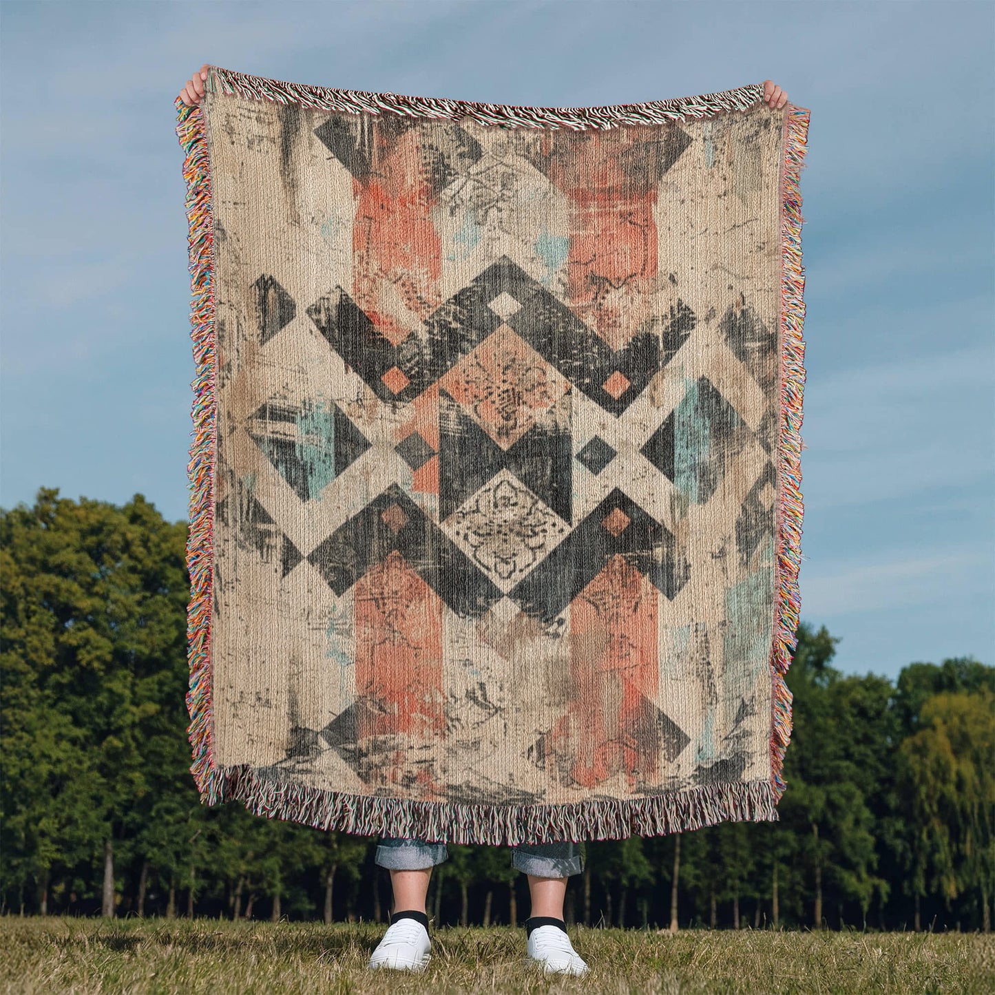 Faded Frontier Woven Blanket – Global Boho Abstract Throw